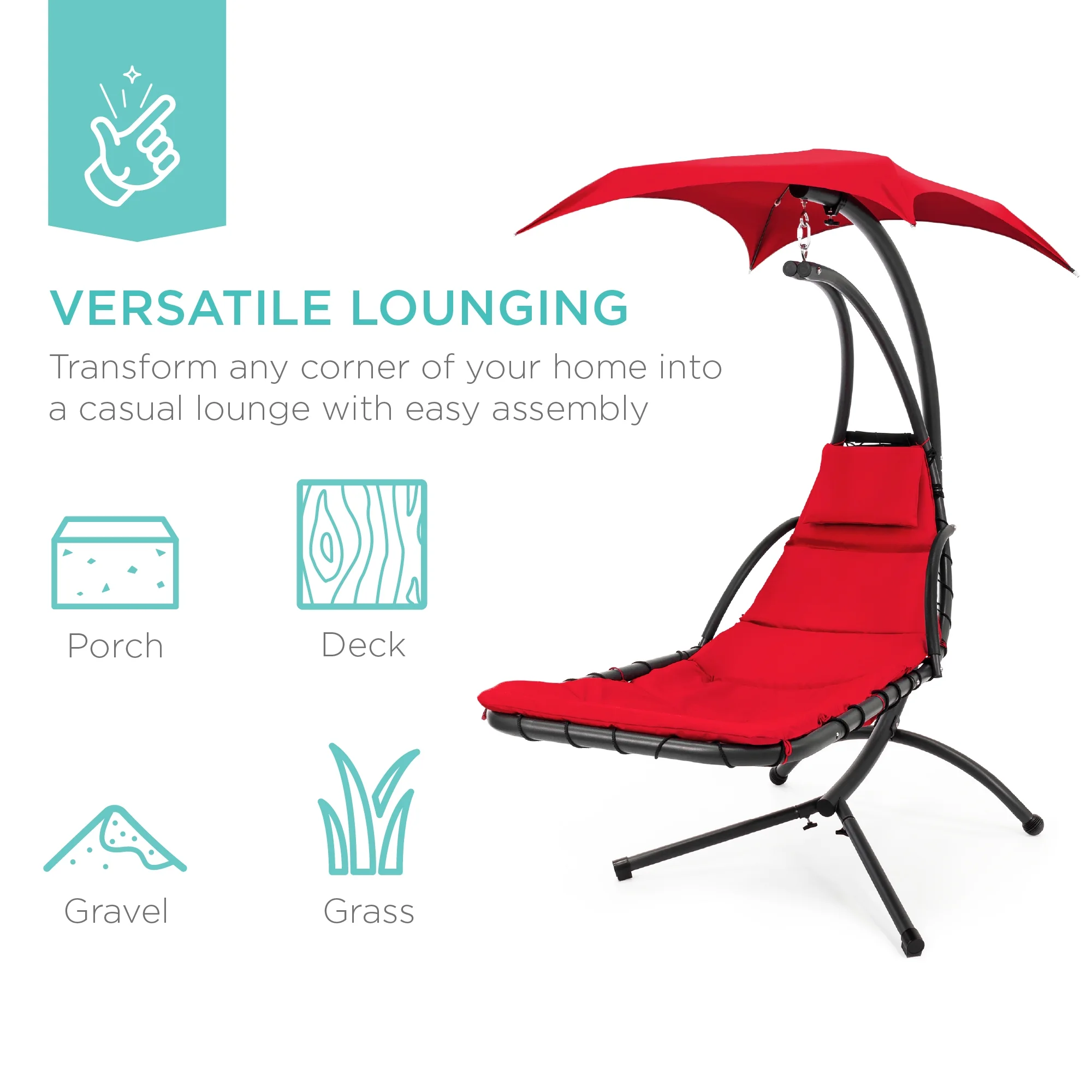 Best Choice Products Hanging Curved Chaise Lounge Chair Swing for Backyard, Patio w/ Pillow, Shade, Stand - Teal - Image 124