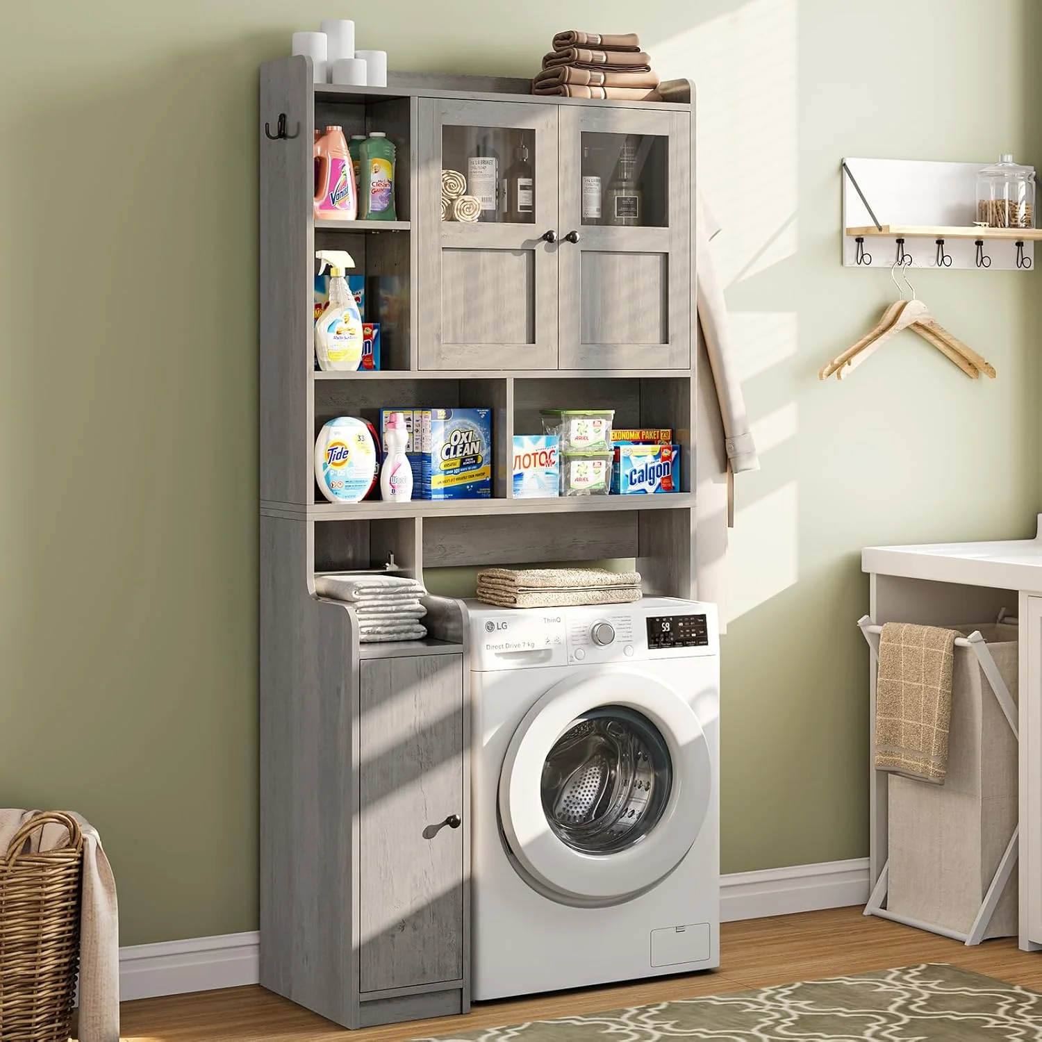 Over The Toilet Storage Cabinet with 3 Doors, Farmhouse Space Saver for Bathroom Organizer with Paper Holder, 10 Shelves and Hooks, 7-Tier Over Washing Machine Cabinet for Laundry, Bathroom, Natural - Image 23