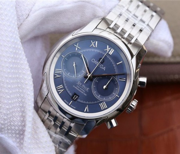 Replica Omega OMF De Ville Chronograph 42mm Blue Dial SS Bracelet A9300 - Elite Watch Atelier