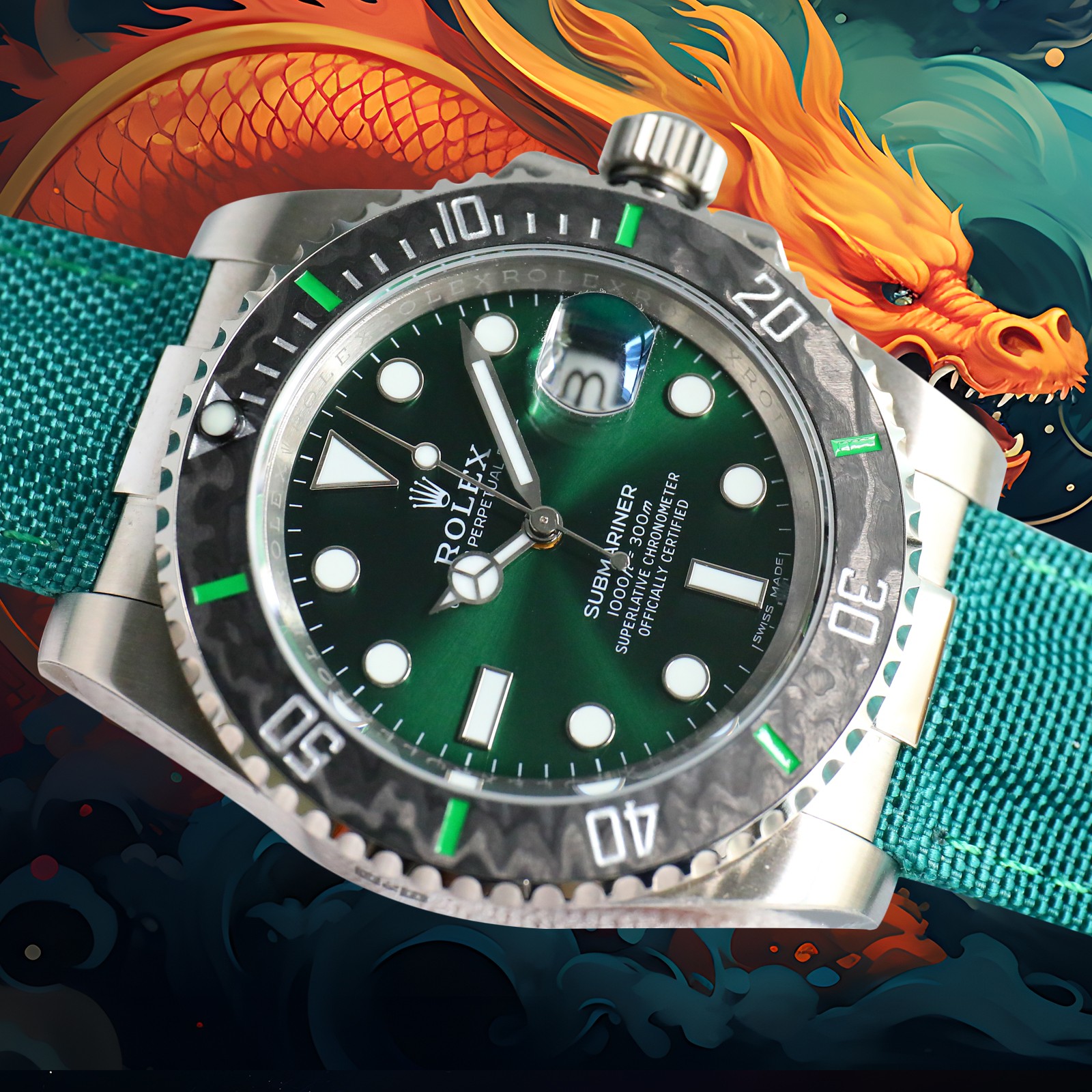 ROLEX Year of the Dragon Auspicious 🔥 🔥 Submariner Carbon Fiber Bezel - Velcro Strap - Green(1:1 replica) - Elite Watch Atelier