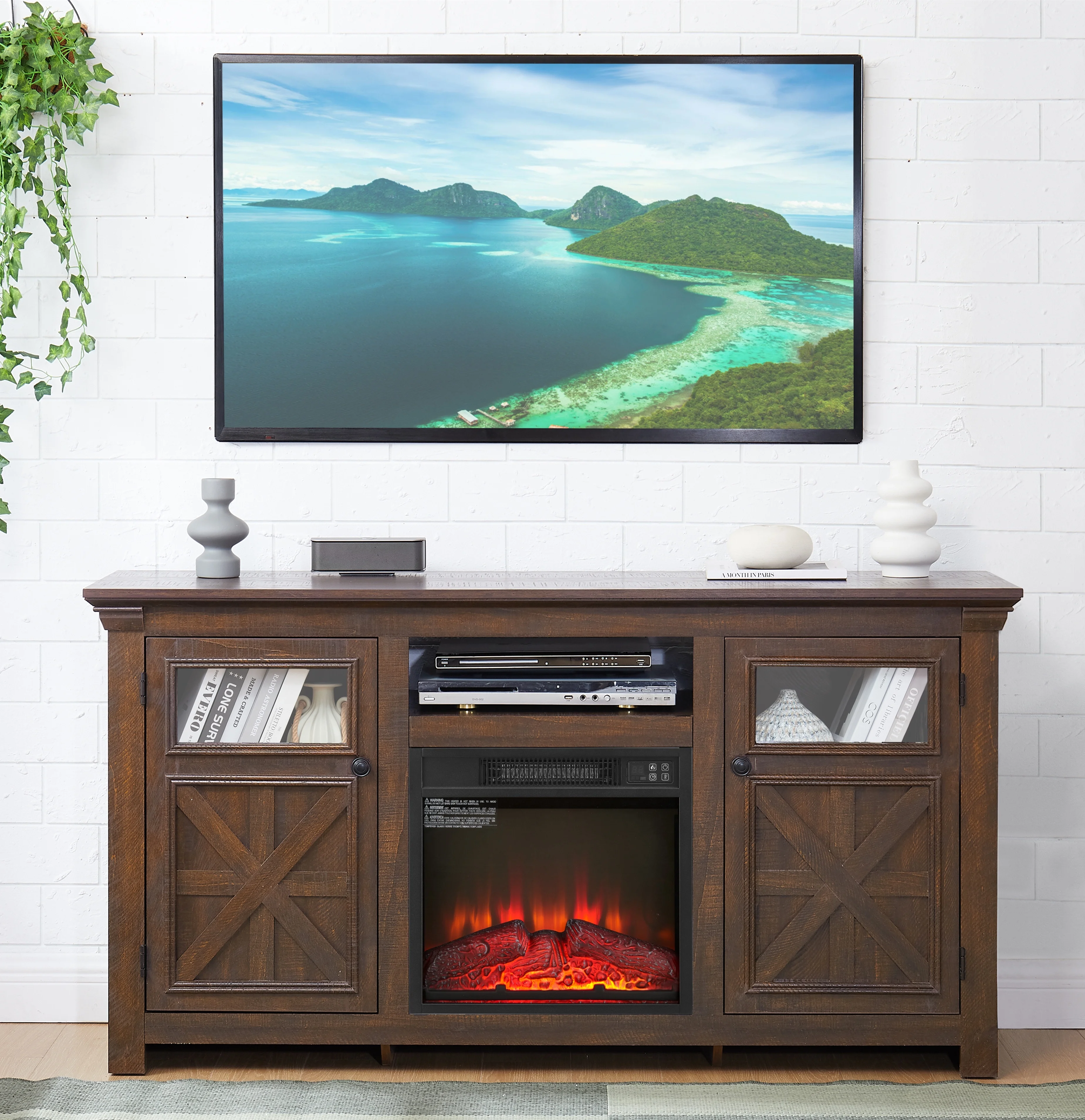 TV Stand with Fireplace for 60 65 70'' TV, Electric Fireplace TV Stand W/ Remote Control & Virtual Flame, Adjustable Fireplace Entertainment Center TV Console with Storage for Home Living Room, Brown