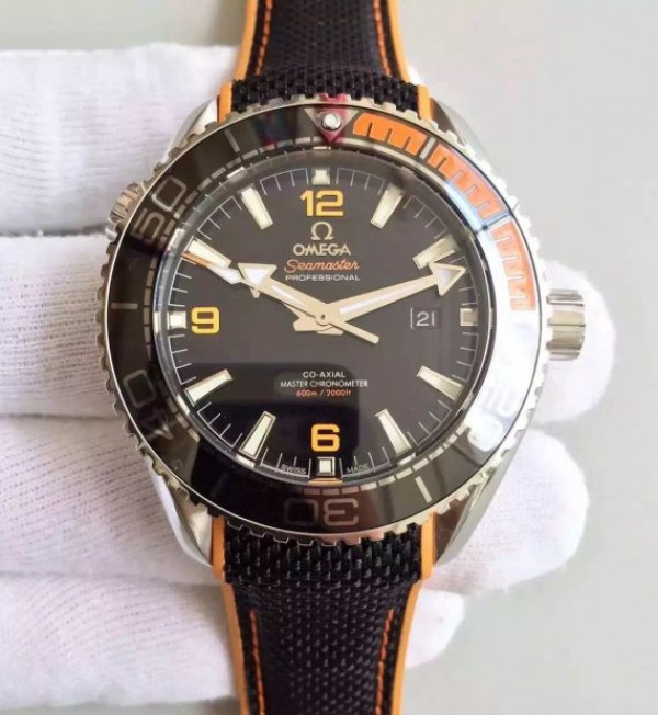 Replica Omega OMF Planet Ocean 42mm Black/Orange Bezel Black Dial Nylon Strap A8900 - Elite Watch Atelier