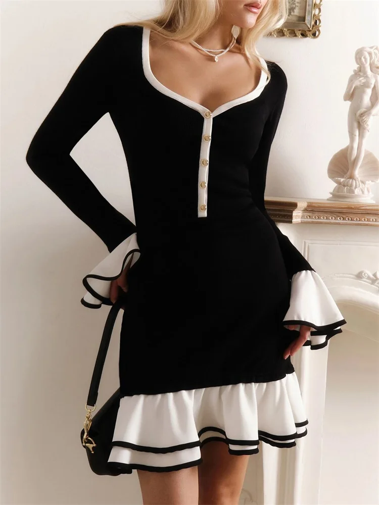 Ruffled Backless Tee Bow Mini Dress Female Slim High Waist Fashion Elegant Party Dress Commute Clothes Summer Dress 2025 - AZJHJ
