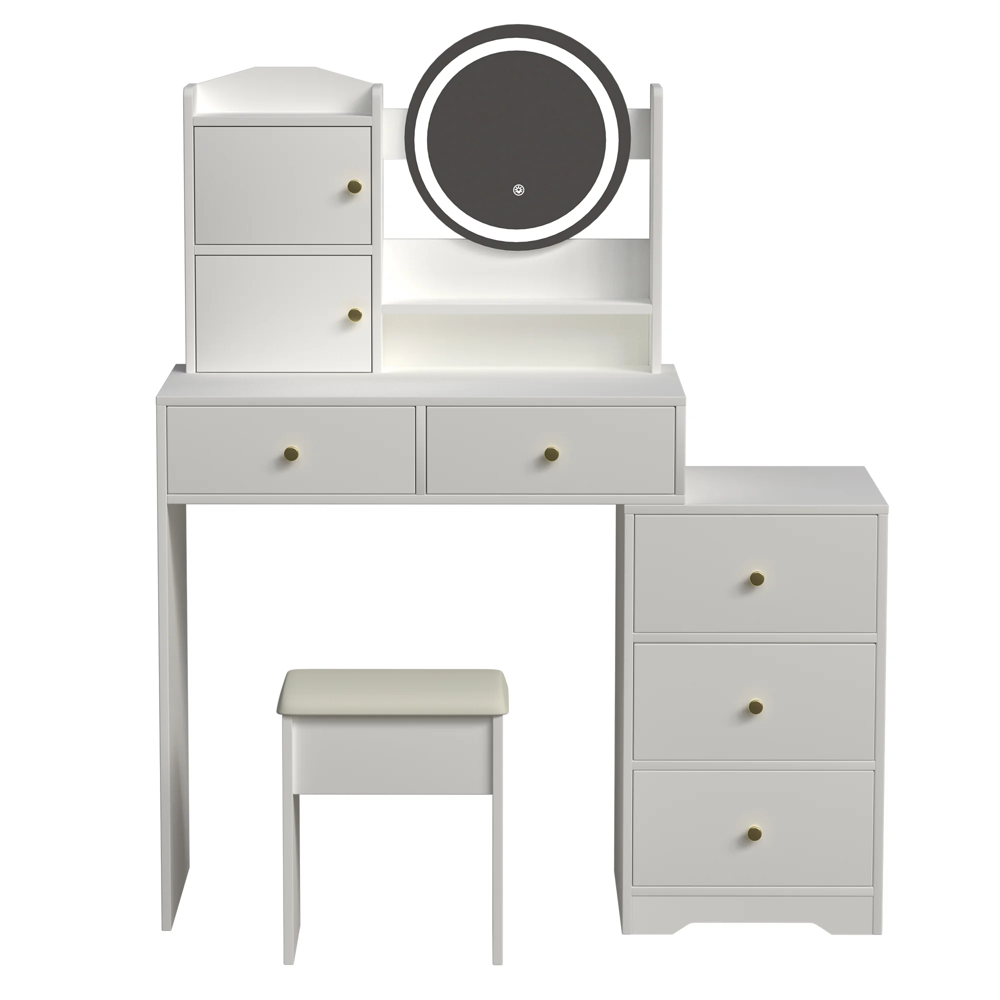 Montary Modern Mini Vanity w/Adjustable LED Mirror + Hidden Storage, Padded Stool & Dustproof Shelves (White) - Image 76