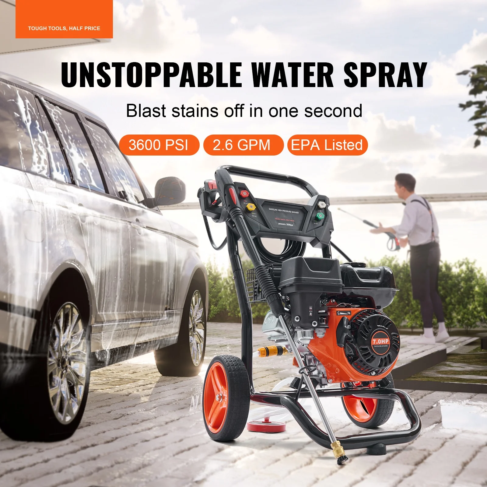 KFFKFF 3600 PSI 2.6 GPM Gas Pressure Washer w/26 ft High Pressure Hose 5 Nozzles Gas Powered Washer - Image 2
