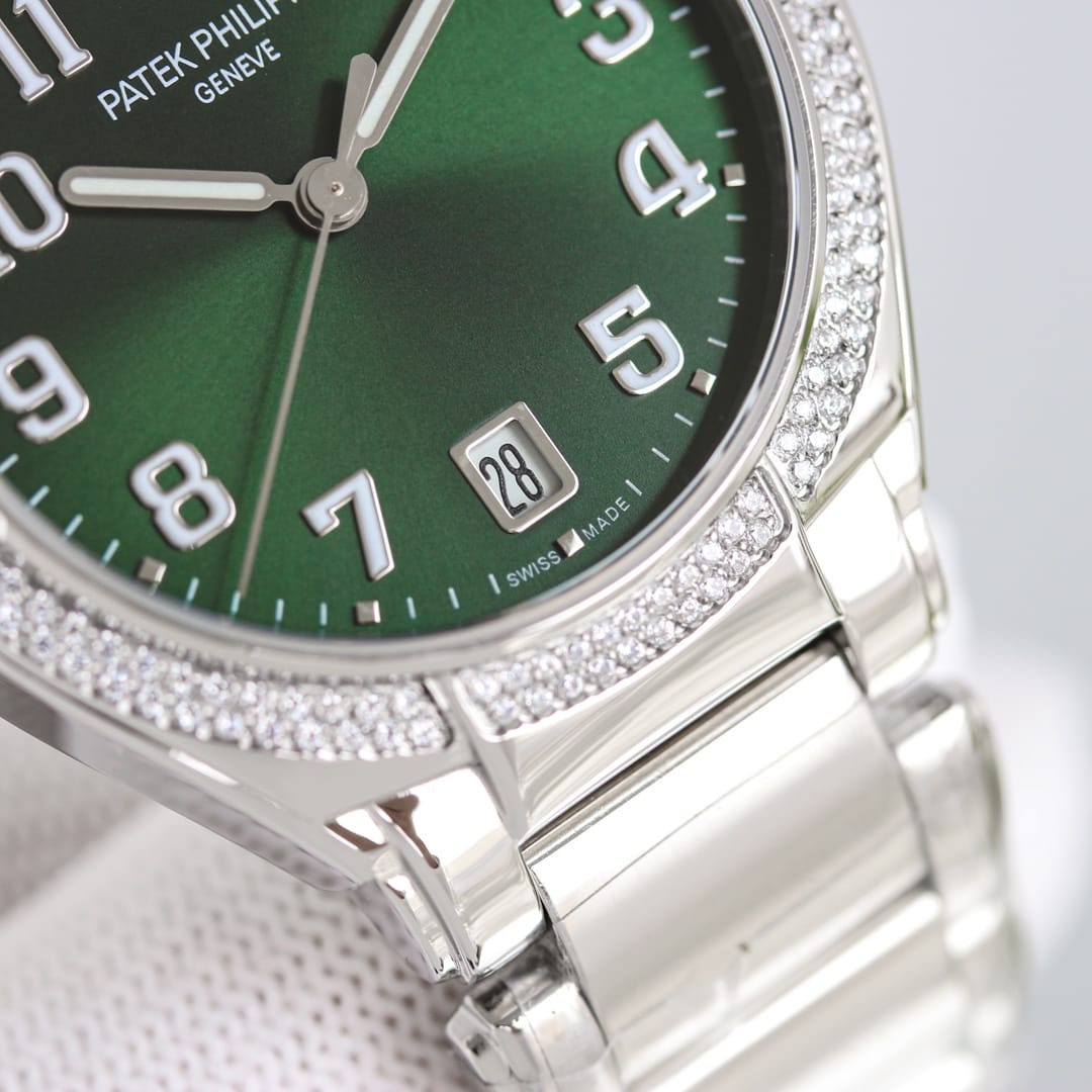 Fake Diamond Watch For Women Patek Philippe Replica Twenty~4 Ladies Stainless Steel Olive Green Dial 7300/1200A-011(1:1 replica) - Top club