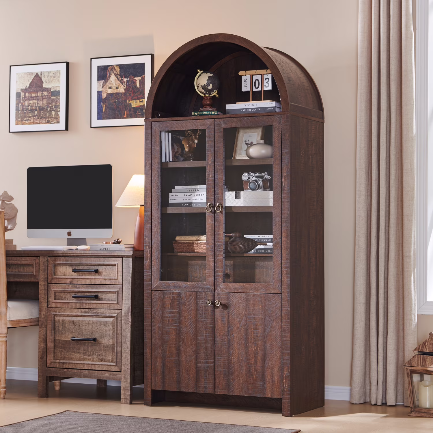 IFGET 71-Inch Arched 4-Tier Bookcase with Glass Doors and Drawers - Image 12