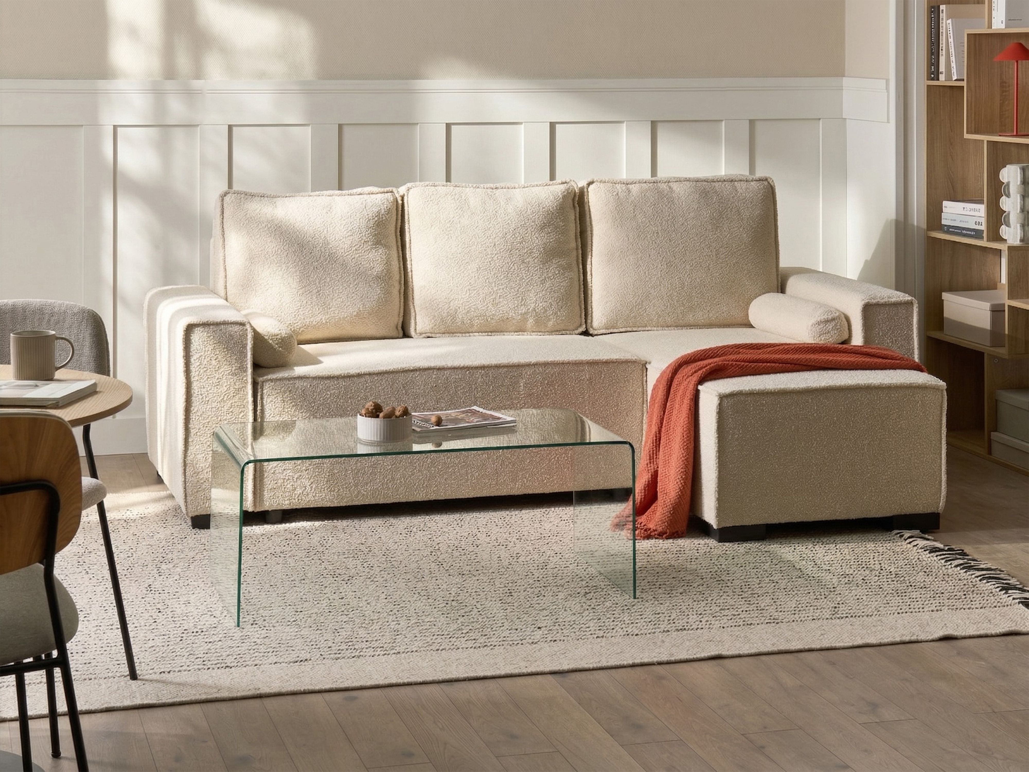 Corner Sofa Bed 3 Seater EDANE Boucle Off-White with Storage Left Hand
