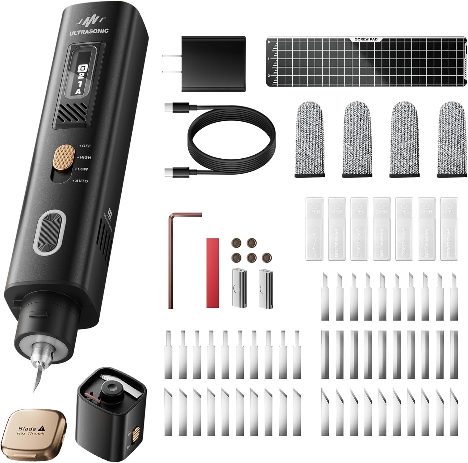 Handheld Ultrasonic Cutter Knife Pro 40KHz 35W, 50pcs Replacement Blades, Multifunctional Cutting Tool Kit with Adjustable Power for 3D Printed Models, Plastic, Wood, Resin, Acrylic, Leather