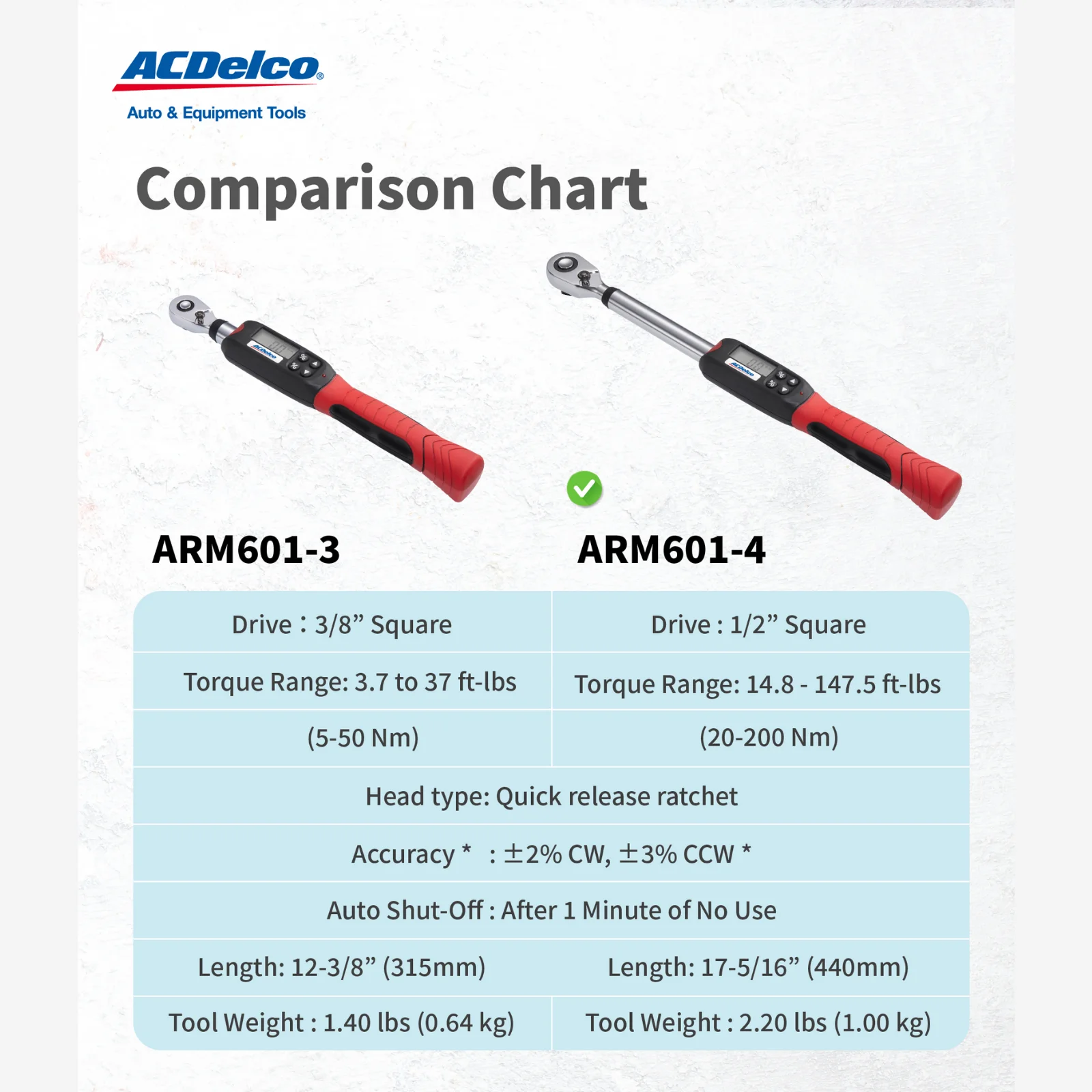 ACDelco ARM601-4 1/2" (14.8 to 147.5 ft-lbs.) Heavy Duty Digital Torque Wrench with Buzzer and LED Flash Notification-ISO 6789 Standards with Certificate of Calibration - Image 4