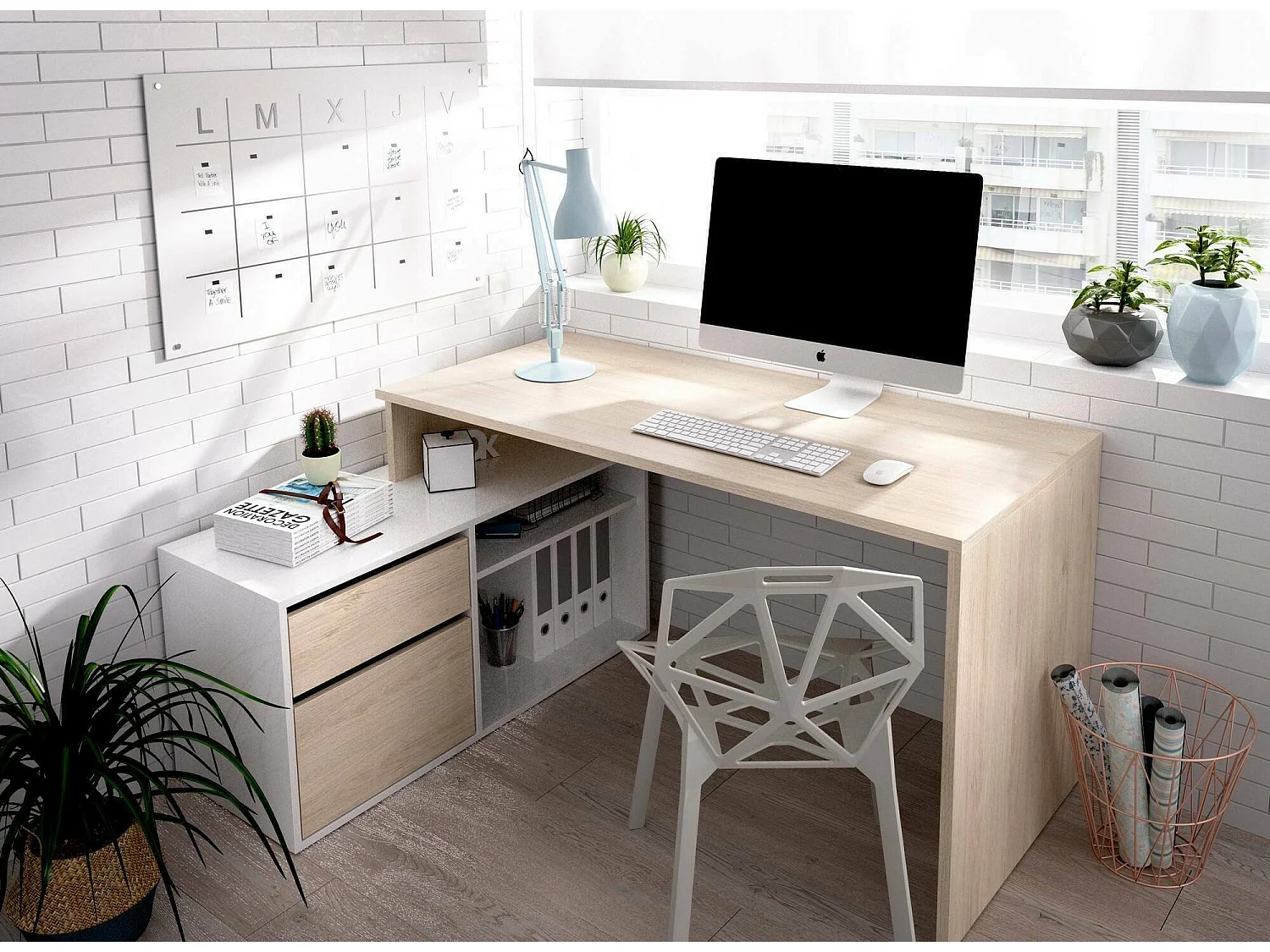 Bureau Ddiaw, Bureau multi-positions pour le bureau ou la chambre, Table d'étude d'angle polyvalente, 139x92h75 cm, Blanc et Chêne