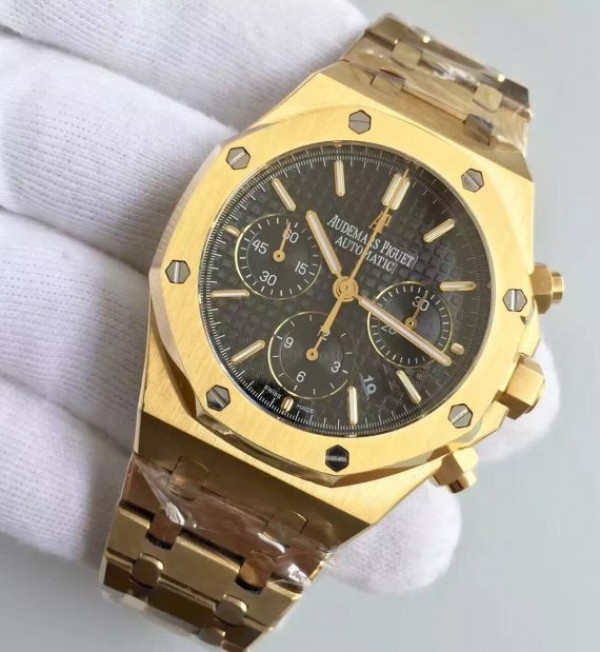 Replica Audemars Piguet Royal Oak Chronograph 26320 YG Black Dial YG Bracelet A7750 - Elite Watch Atelier