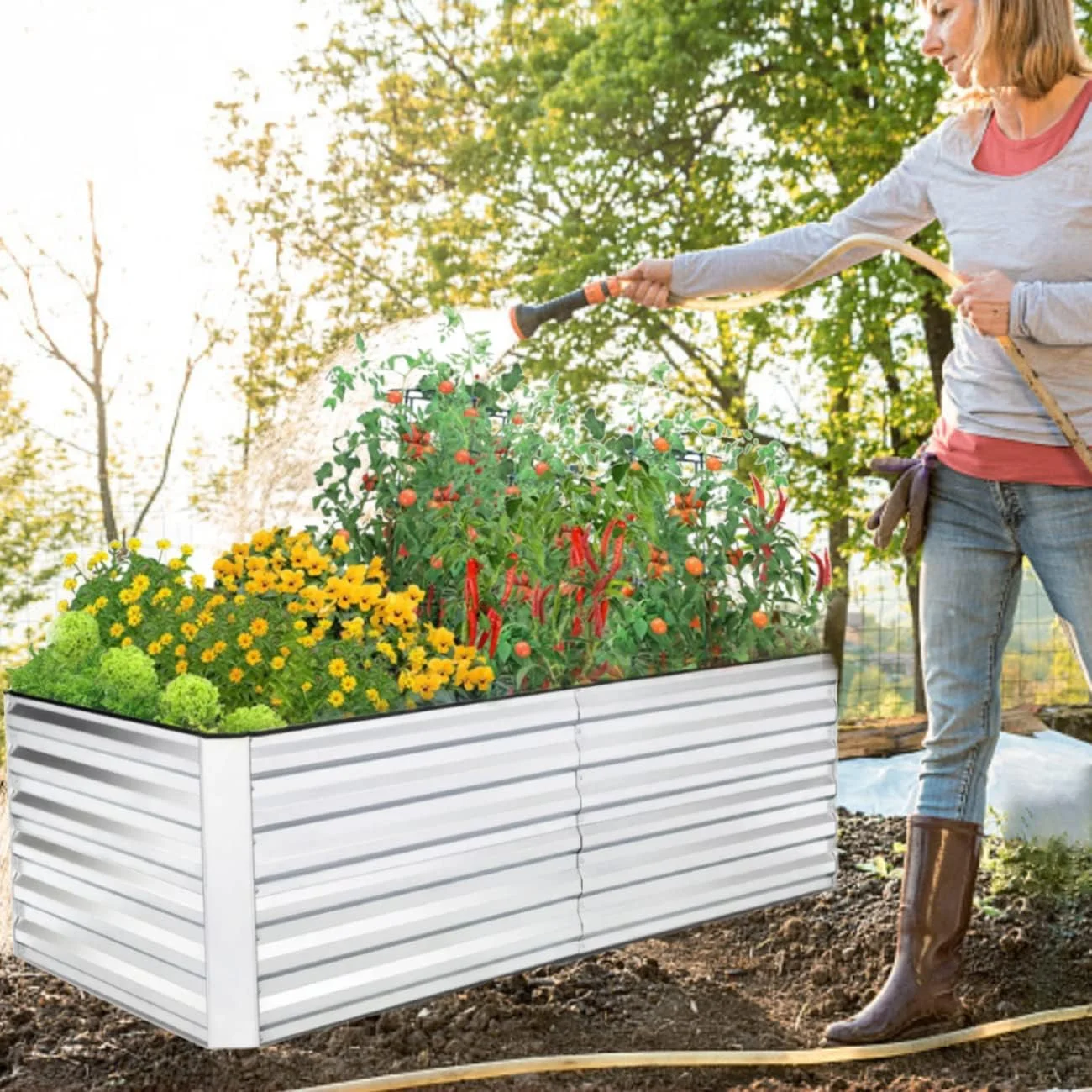 SEJOV 8x4x2FT Galvanized Raised Garden Bed Kit, Rectangular Raised Garden Planter Boxes, Metal Raised Flower Beds Outdoor with 478 Gallons Capacity, for Flowers Herbs Vegetable, Silver