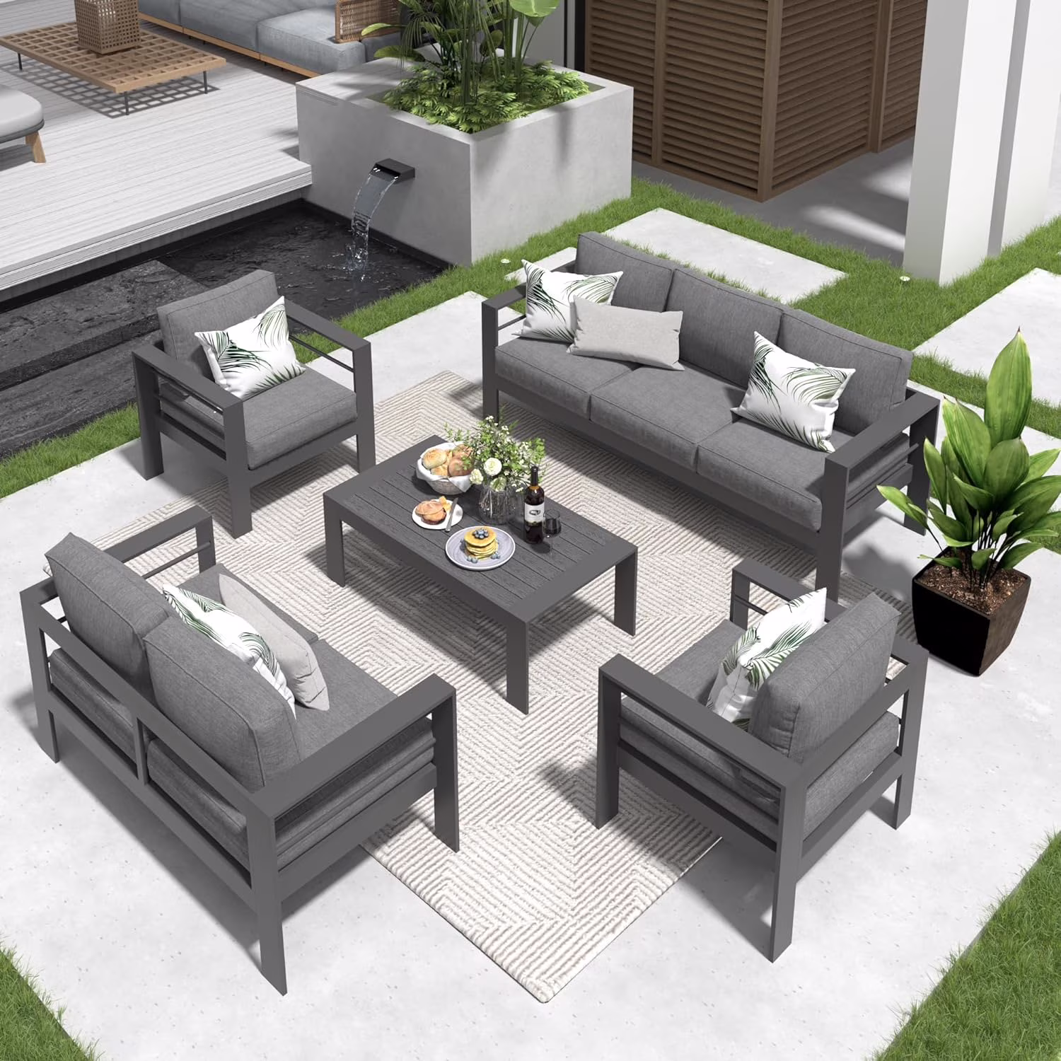 CozyHom 5 Pcs Outdoor Patio Aluminum Furniture Sofa Sets, Outside Patio Conversation Couch Sets With Table&Cushions for Garden Porch, Gray - Image 16