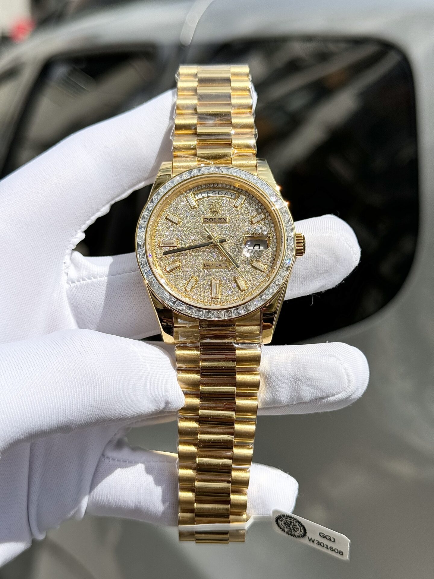 Rolex Day-Date Replica Watch Diamond Moissanite Baguette Gold Wrapped 40mm - Elite Watch Atelier