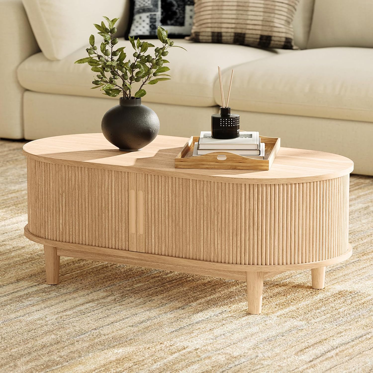 LINSY HOME Oval Coffee Table, Wood Coffee Table with Storage, Fluted Accent Center Table with Sliding Tambour Door, 39