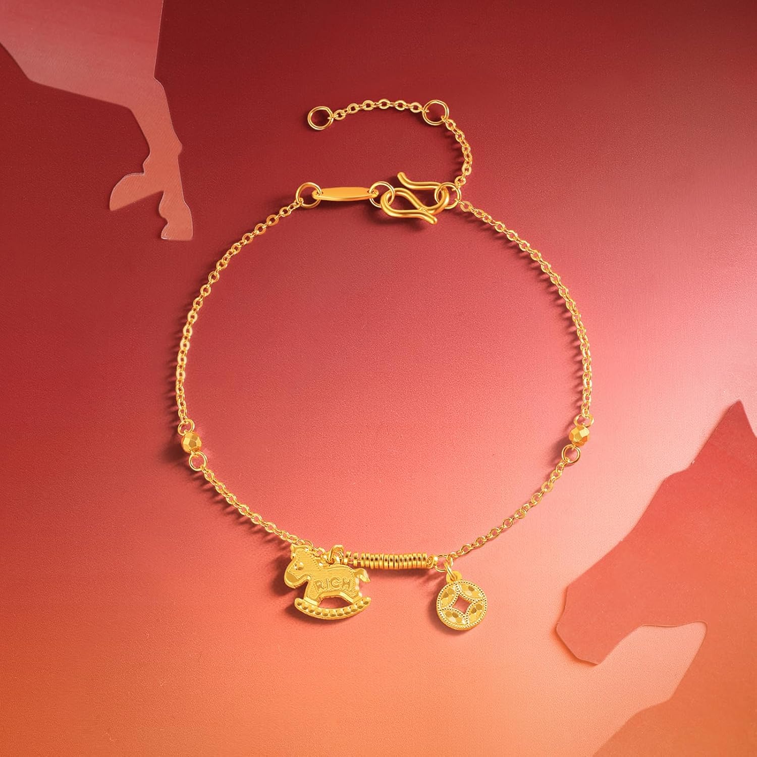 24K Real Gold Chain Bracelet Rocking Horse Pure Gold Coin Link Bracelets RICH Character Jewelry for Women Daughter Mom Gifts Birthday Valentine Anniversary 6.3-7.5