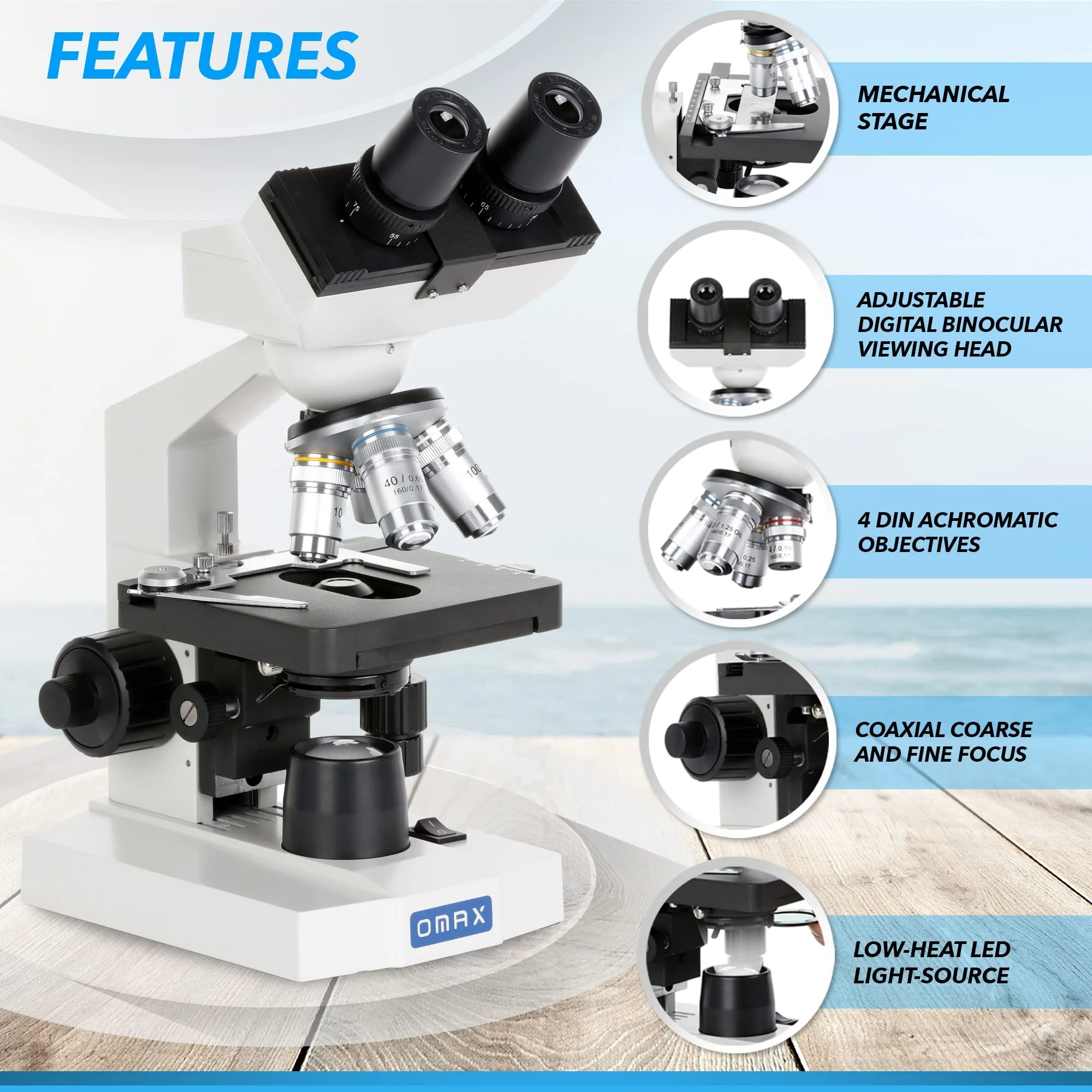 AmScope OMAX 40X-2000X Binocular Compound LED Microscope with Slides & Covers, Cleaning Paper