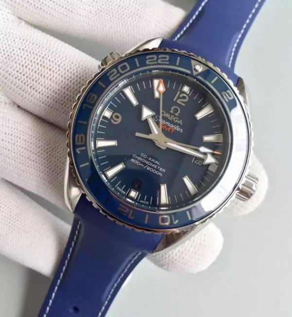 Replica Omega Planet Ocean SS GMT Blue Dial Silver Markers Blue Rubber Strap A8605 - Elite Watch Atelier