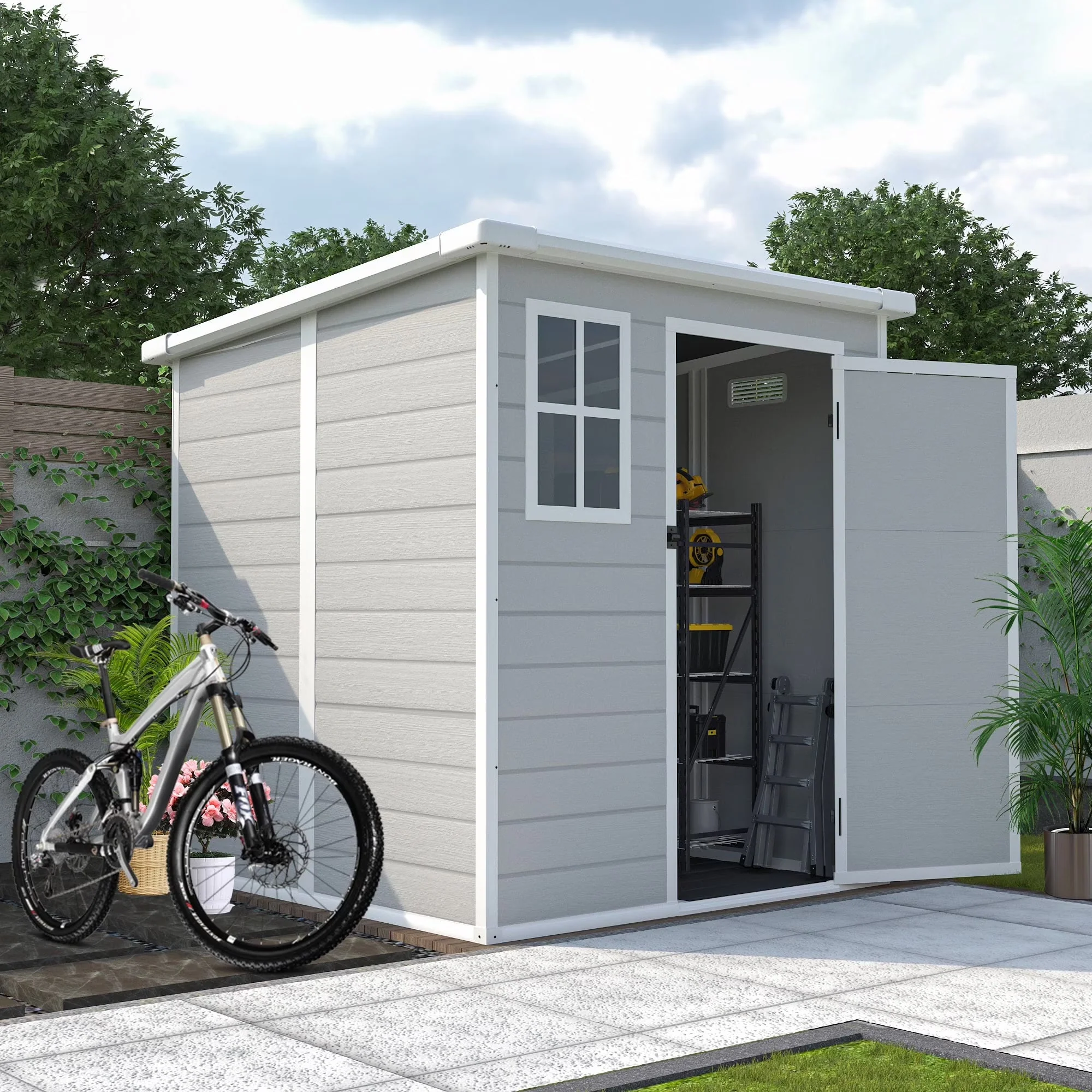 Seizeen Outdoor Resin Storage Shed, 41 Cu. Ft. / 306 Gal, Gray, 3 Doors With Floor - Image 2 Seizeen Outdoor Resin Storage Shed, 41 Cu. Ft. / 306 Gal, Gray, 3 Doors With Floor - Image 2