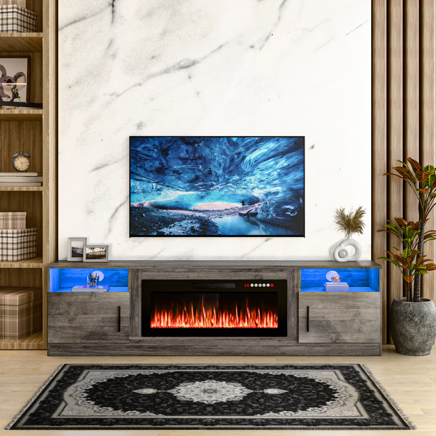 Waleaf Fireplace TV Stand with 36" Electric Fireplace Up to 80" TVs, Modern Wood Media TV Console with Highlight Cabinet, White - Image 38