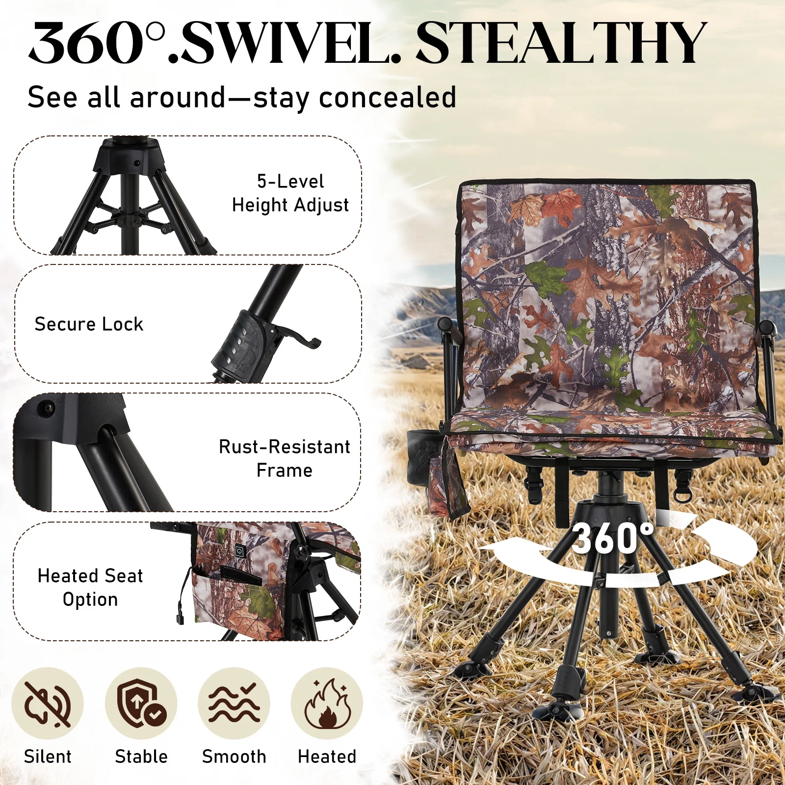 Danrelax 360�� Silent Camo Hunting Blind Chair, Armrests, Side Pouch, Telescopic Legs - Image 25