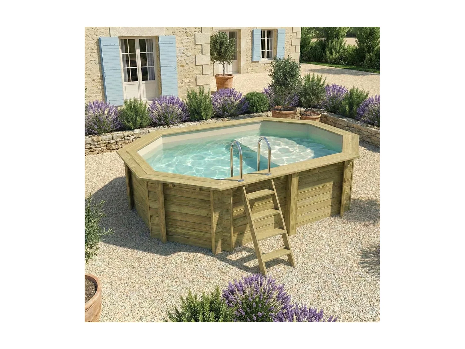 Piscine en bois NEMO 4.3 x 3 - H.1.18 m avec plage, sable, fixations à sceller - BAS7302OSPI3+PLA302 - ALTANKA