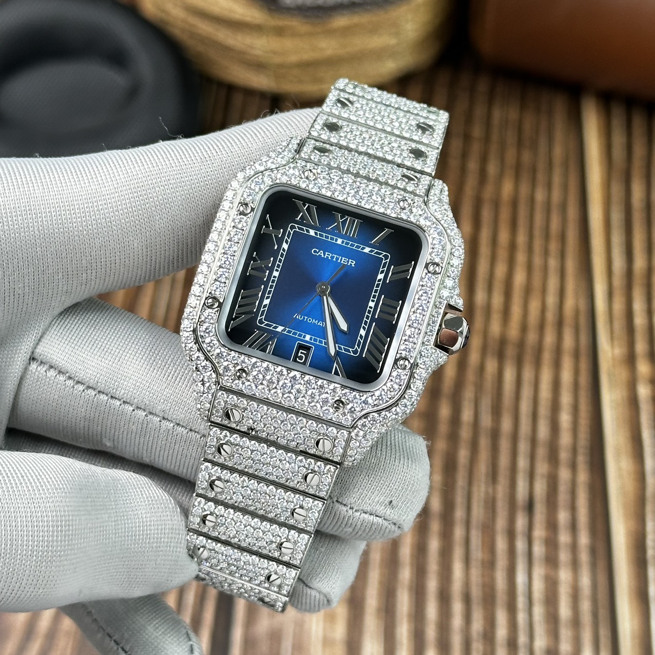 Cartier Replica Watch Santos Full Diamond Moissanite Blue Dial 39.8mm - Top club