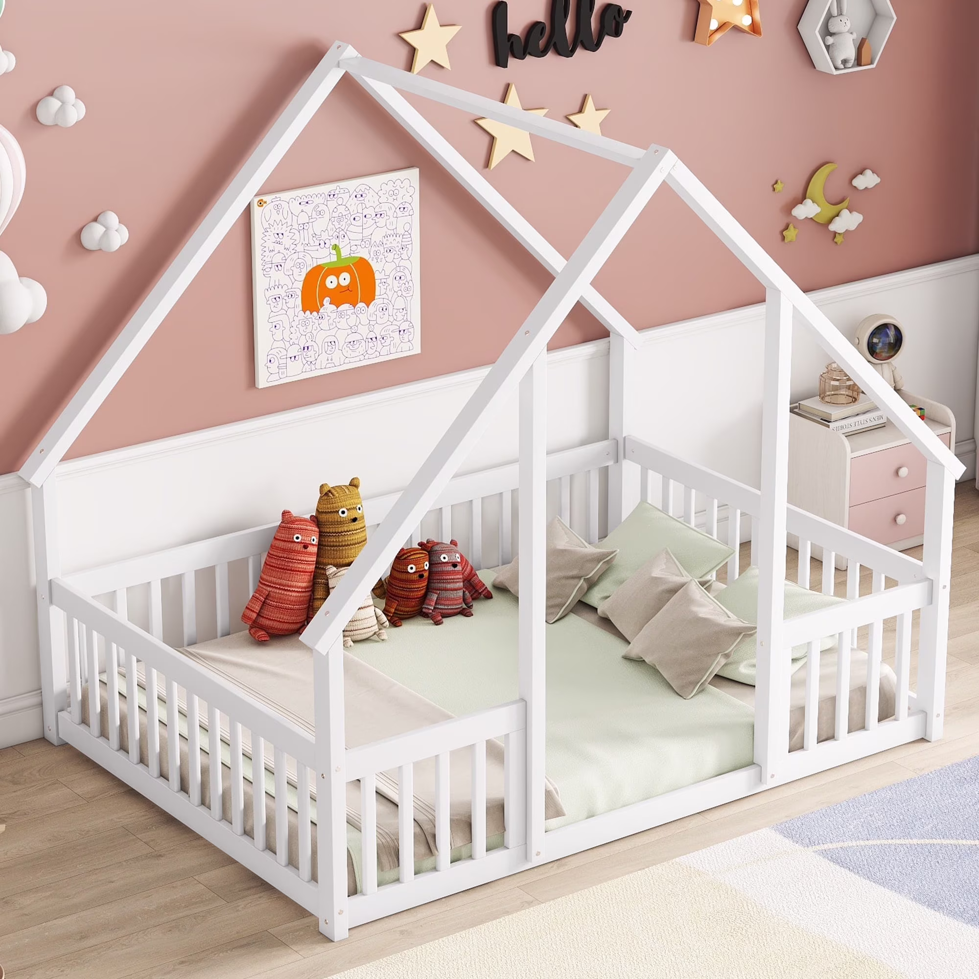Bellemave Twin Size Floor Bed Frame, Wooden House Bed Twin Size with Fence, Montessori Bed with Guardrails for Bedroom (White) - Image 3