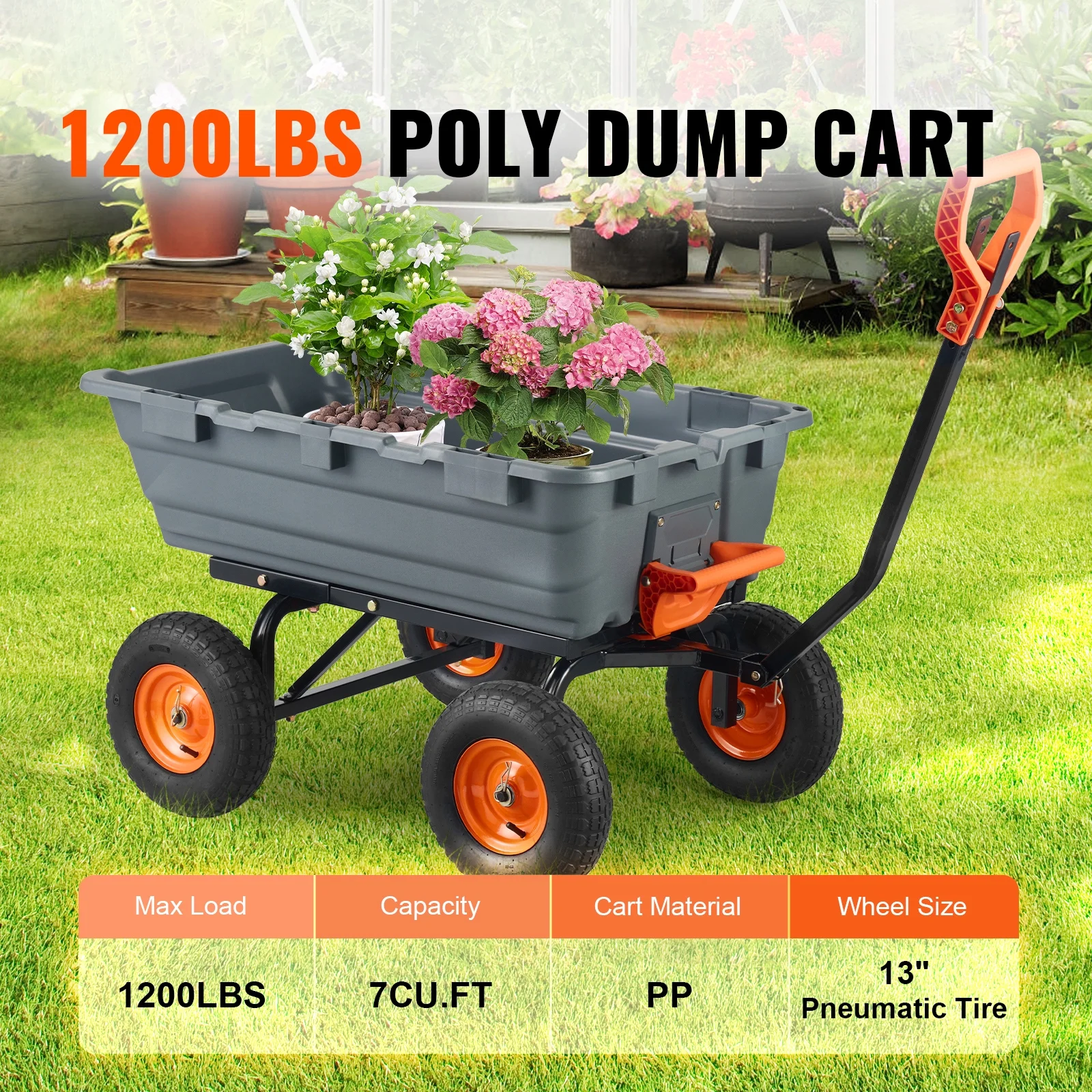 KFFKFF Garden Dump Cart, 35.8x19.5x8.2 in Dump Truck Cart, Max. 600lbs Load Capacity, 10in Rubber Tire, 180�� Adjustable Handle - Image 13