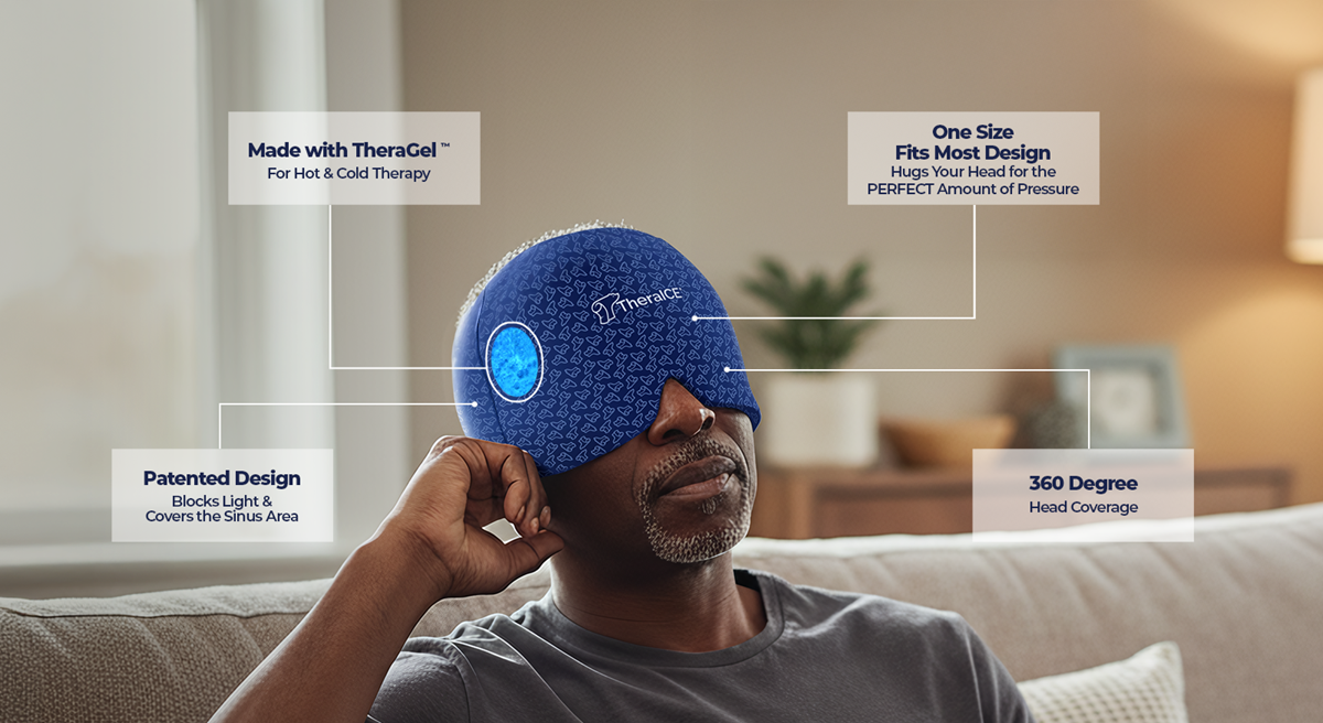Made with TheraGel for Hot & Cold Therapy. One Size Fits Most Design. Hugs Your Head for the PERFECT Amount of Pressure. 360 Degree Head Coverage. Patented Design. Blocks Light & Covers the Sinus Area.