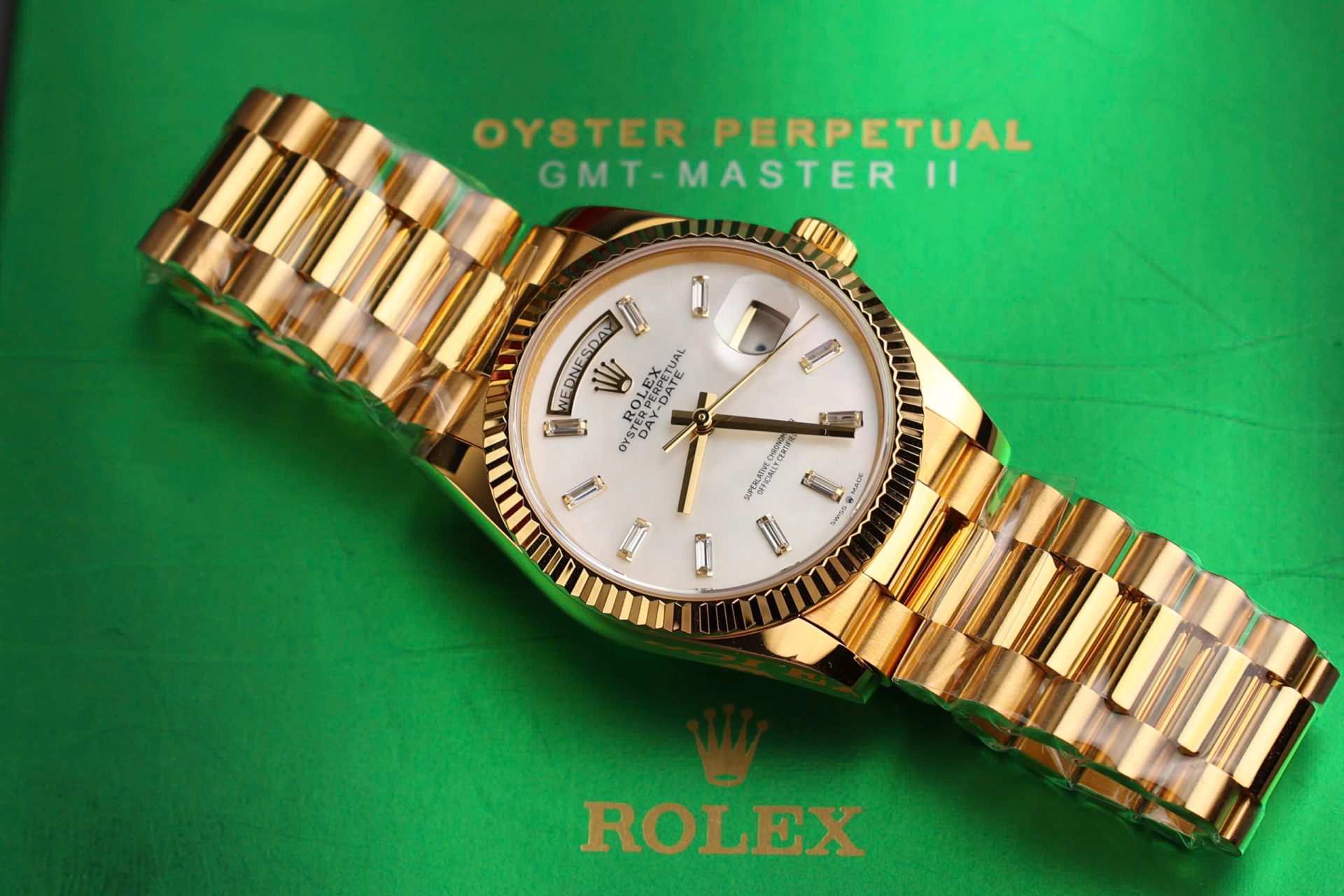 Rolex Day-Date Replica Watch Dial Mother Of Pearl Custom Gold Wrapped 36mm - Elite Watch Atelier