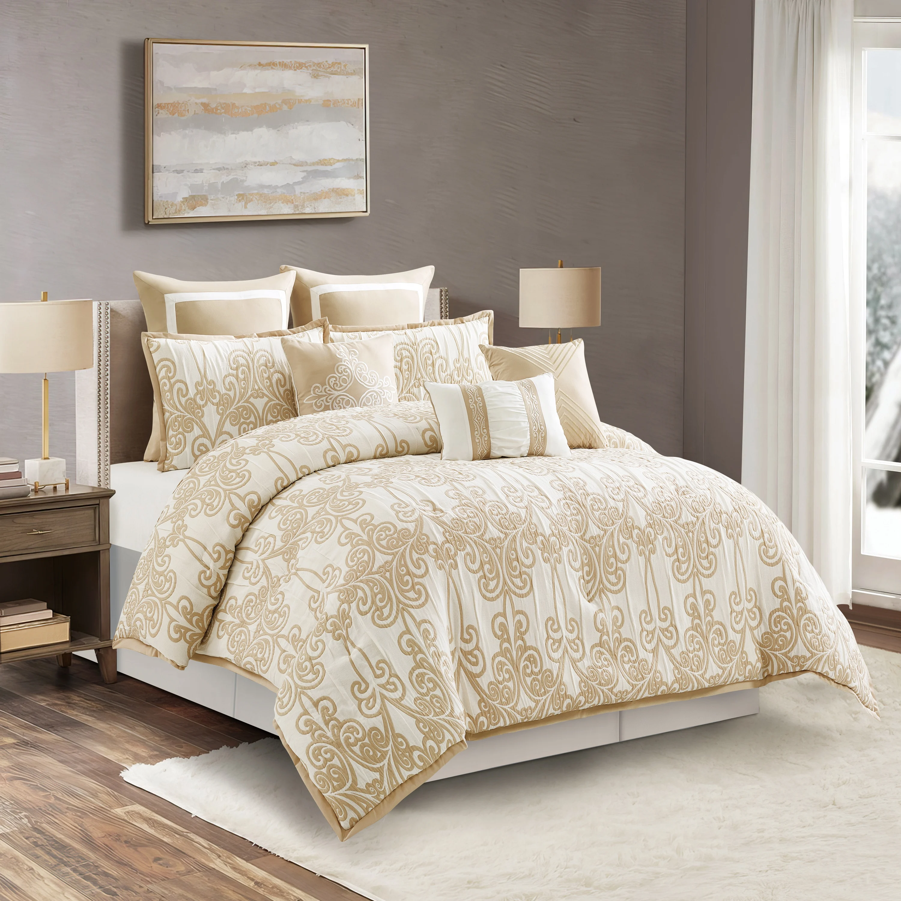 Lanco Smoke Grey Comforter Set California King Size, 9 Piece Jacquard Floral Bedding Set, All Season, Ultra-Soft, Matching Pillows & Shams, Bed Skirt - Image 37