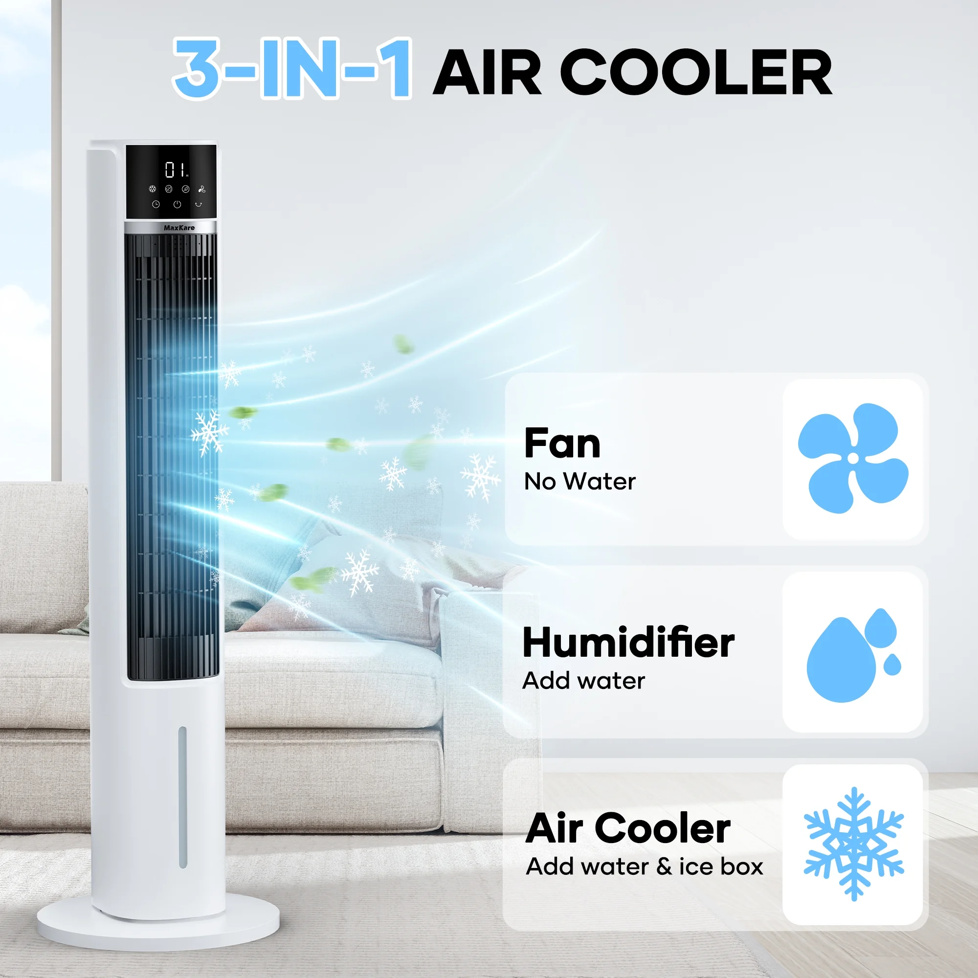 MaxKare 3-in-1 Tower Fan, Air Cooler with FCC & ETL, Humidifier for Office & Bedroom, 40'' High, White - Image 6
