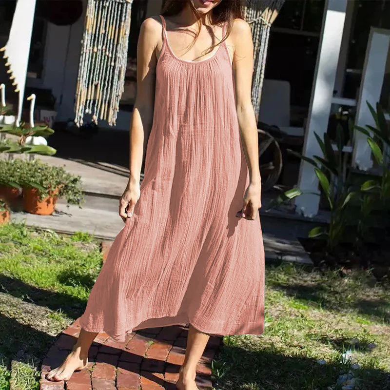 Cotton Casual Cami Dress Summer Vacation Women Maxi Dress Loose Solid Color Backless Double Layer Gauze Sleeveless Dress - AZJHJ