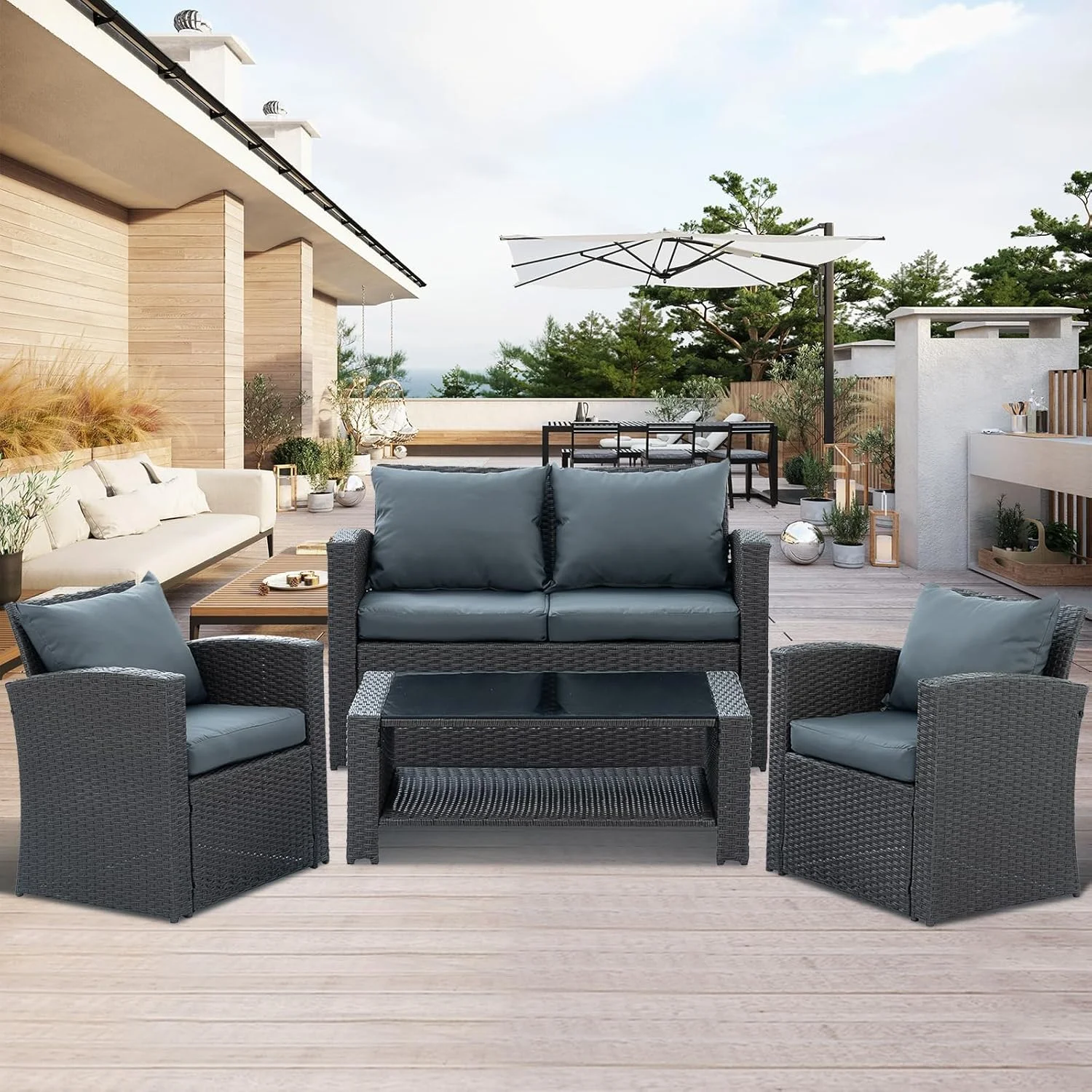 HighSound 4 Piece Patio Furniture Set, Outdoor Wicker Patio Sectional Sofa, All Weather PE Rattan Outdoor Sectional with Cushions & Coffee Table, Dark Gray