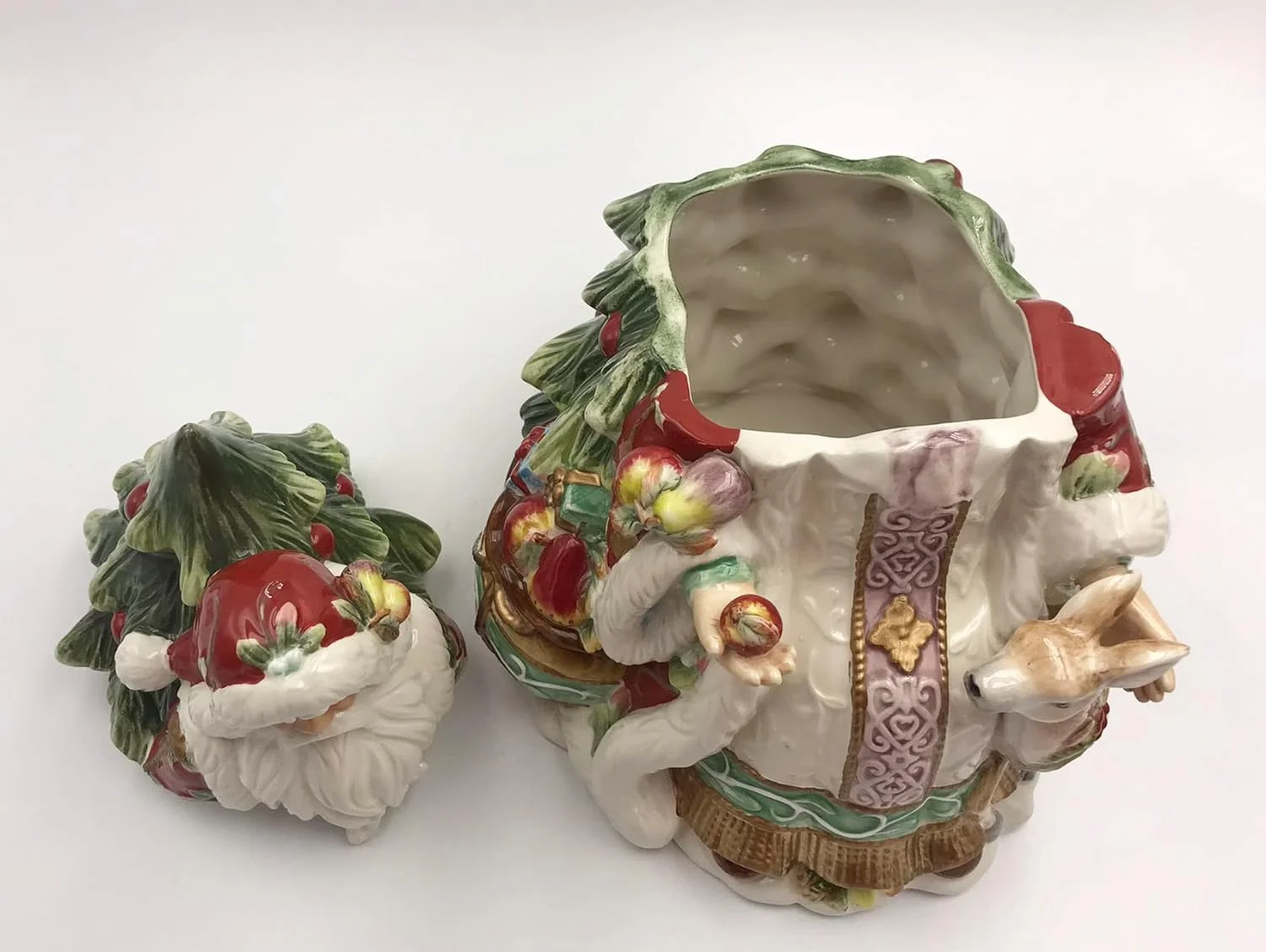 Cosmos Gifts 10545 Fine Ceramic Victorian Harvest Santa with Deer and Christmas Tree Cookie Jar, 11-1/4