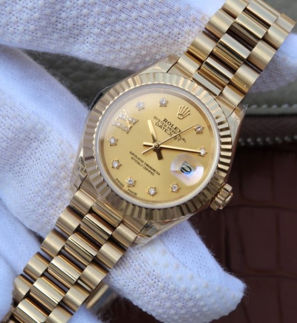 Replica Rolex DateJust 31mm Fluted Bezel RG Case RG Gold Dial A2235 - Elite Watch Atelier