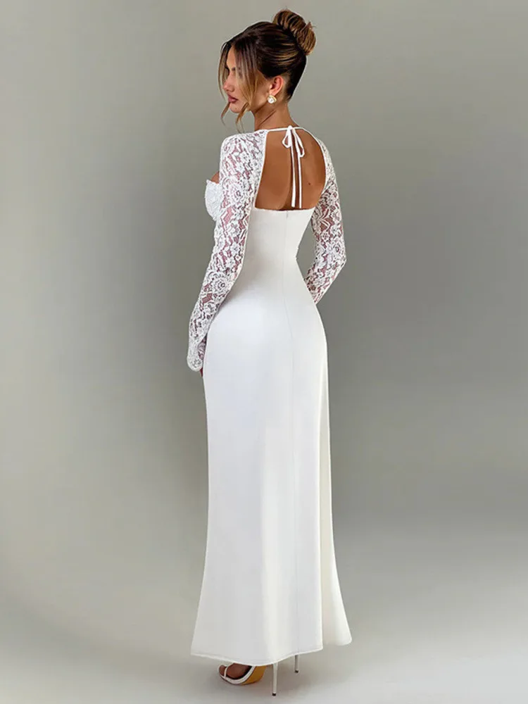 Lace Long Sleeve Sexy Maxi Dress Women Autumn New Square Collar Backless Lace-up High Split Sexy Club Party Long Dress - AZJHJ