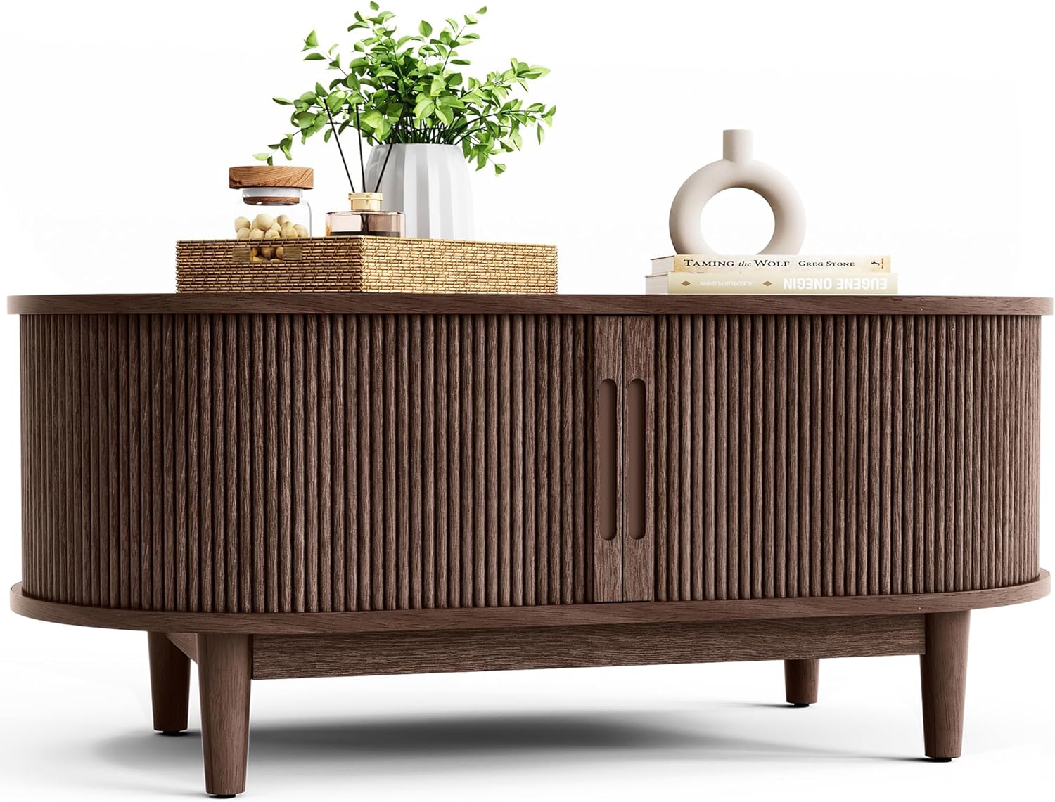 LINSY HOME Oval Coffee Table, Wood Coffee Table with Storage, Fluted Accent Center Table with Sliding Tambour Door, 39