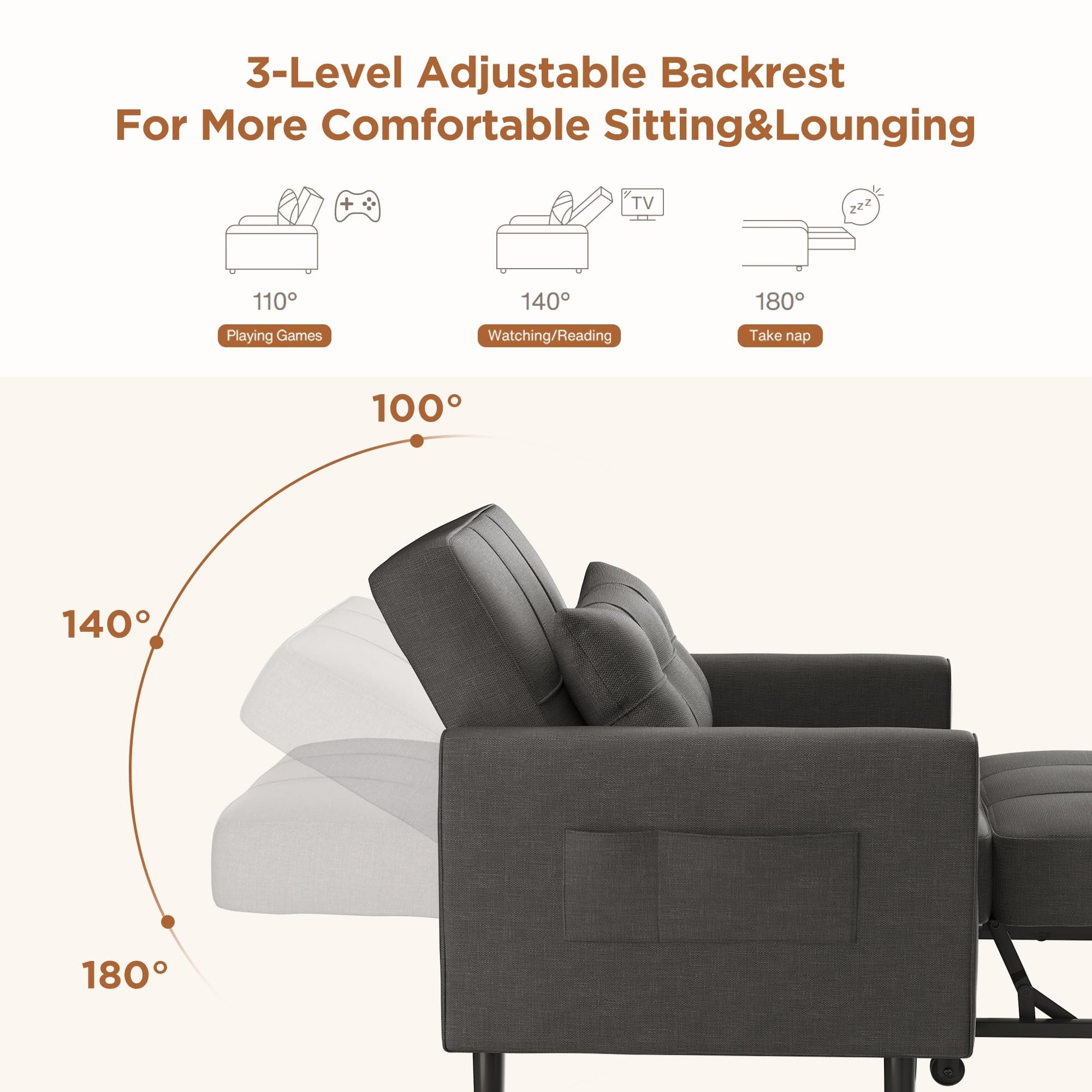 Convertible Sofa Bed, 73.6'' 3 in 1 Sleeper Chair Bed with Adjustable Backrest, Dark Gray - Image 7
