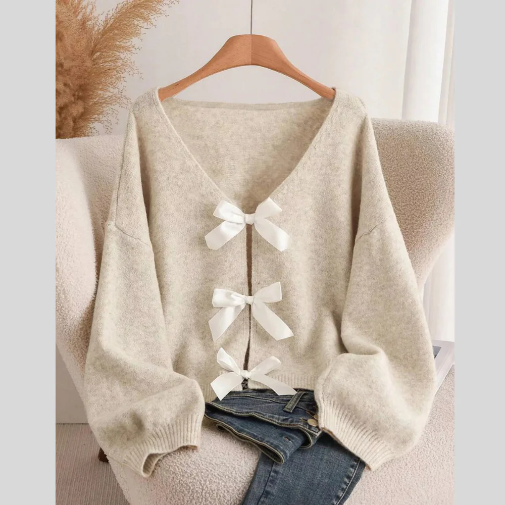 Bow-knot Front V-Neck Knit Cardigan - ZKZOOK
