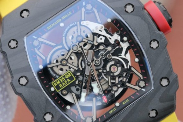 Replica Richard Mille RM035-02 Rafael Nadal FC Titanium Case KVF Skeleton Dial Red Yellow Rubber Strap MIYOTA8215 - Top club