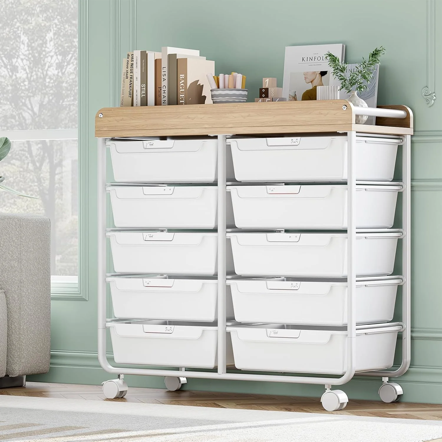 Rolling Storage Cart with 10 Large Drawers, Utility Cart with Wooden TableTop for Craft Organizers, Art Supply Storage, Home Office Organization, Cart with Wheels for Classroom, School, Green - Image 4