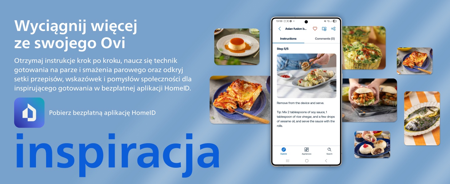 Tekst brzmi „Inspiracja” i „Wyciągnij więcej ze swojego Ovi”. Zrzuty ekranu interfejsu aplikacji mobilnej pokazujące treści związane z jedzeniem i elementy nawigacyjne.