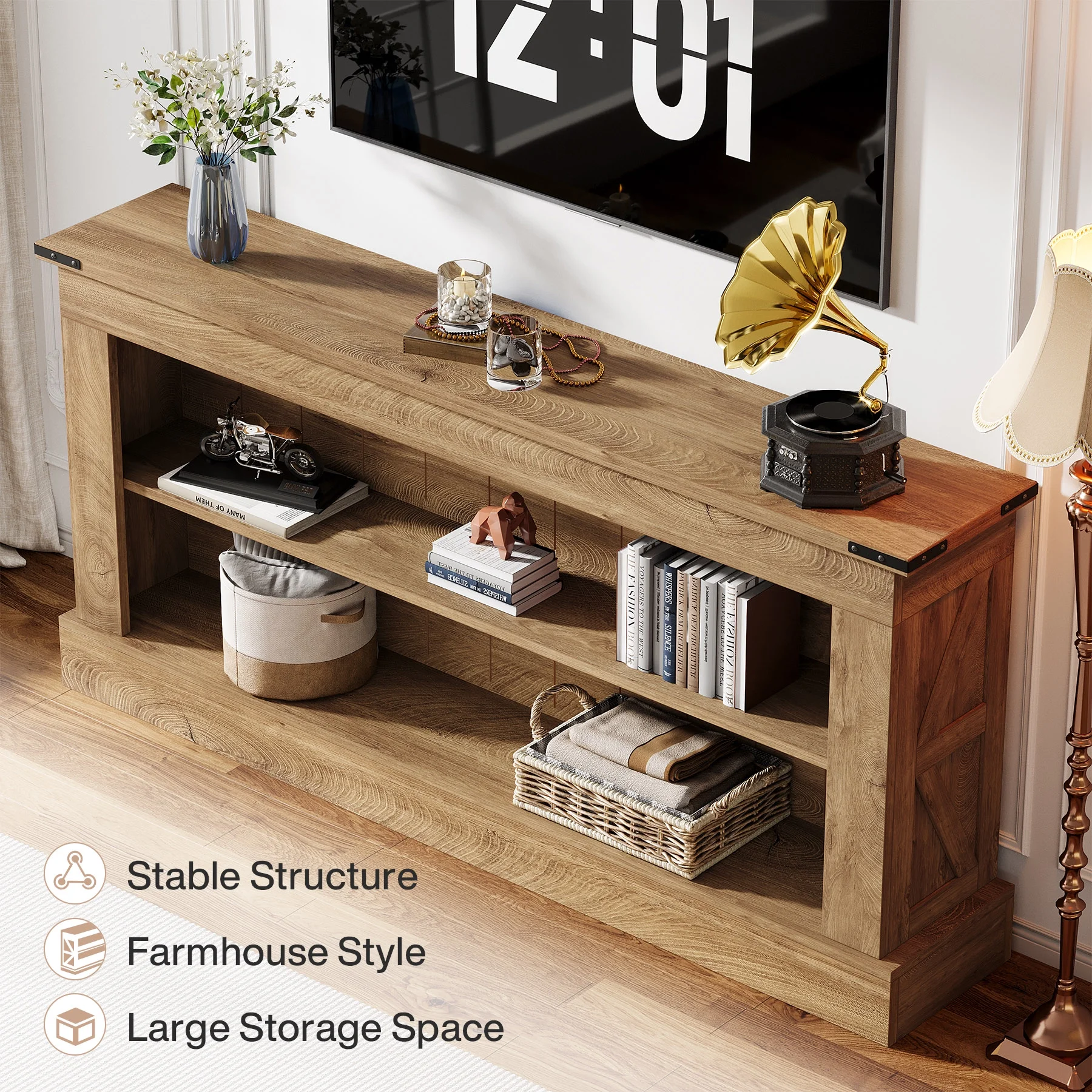 Finmind  TV Stand for 55-75 TV, Farmhouse 63  Inch Entertainment Center with Storage for Living Room, Bedroom, Brown