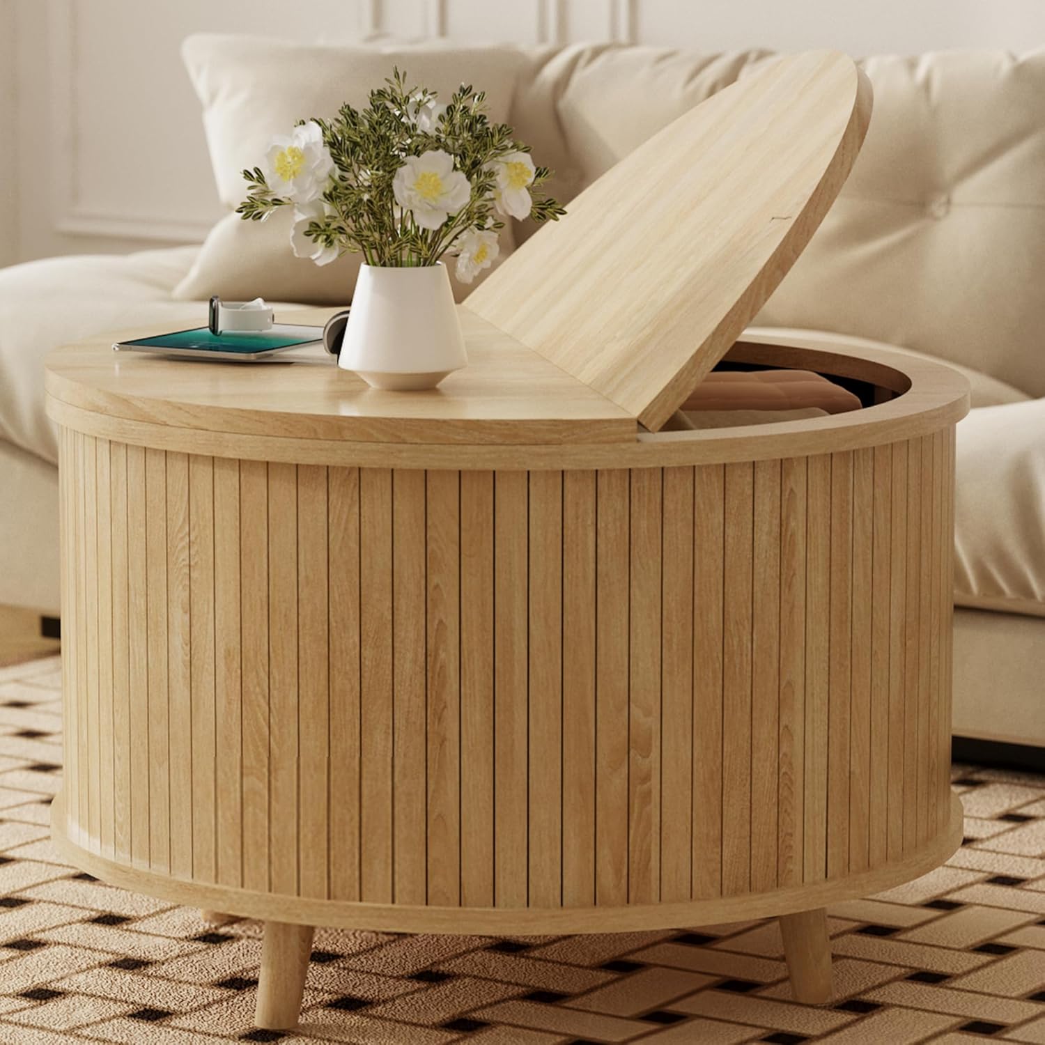Easyego Fluted Round Coffee Table with Hidden Storage, 31.5