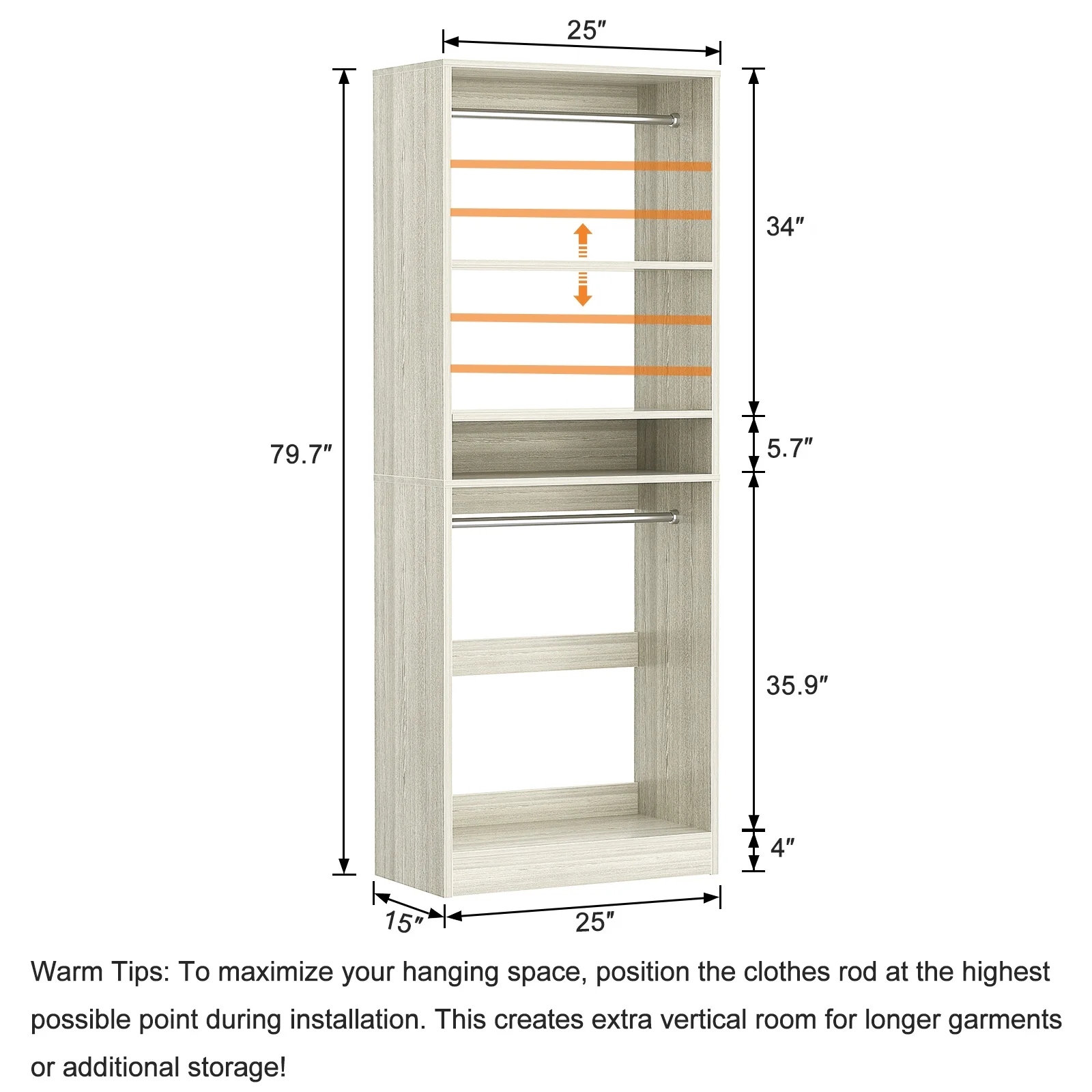 Homieasy 25�?Closet System, Freestanding Closet Organizer Wardrobe with Hanging Rods and Shelves, Adjustable Clothes Garment Rack, Sturdy Walk in Closet Tower, White - Image 12