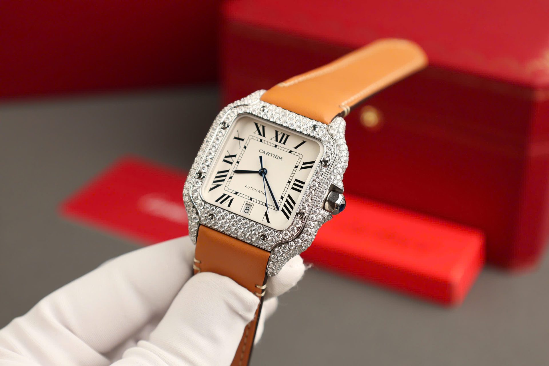 Cartier Santos White Dial Replica Watch Custom Diamonds Moissanite BV Factory 39.8mm - Top club