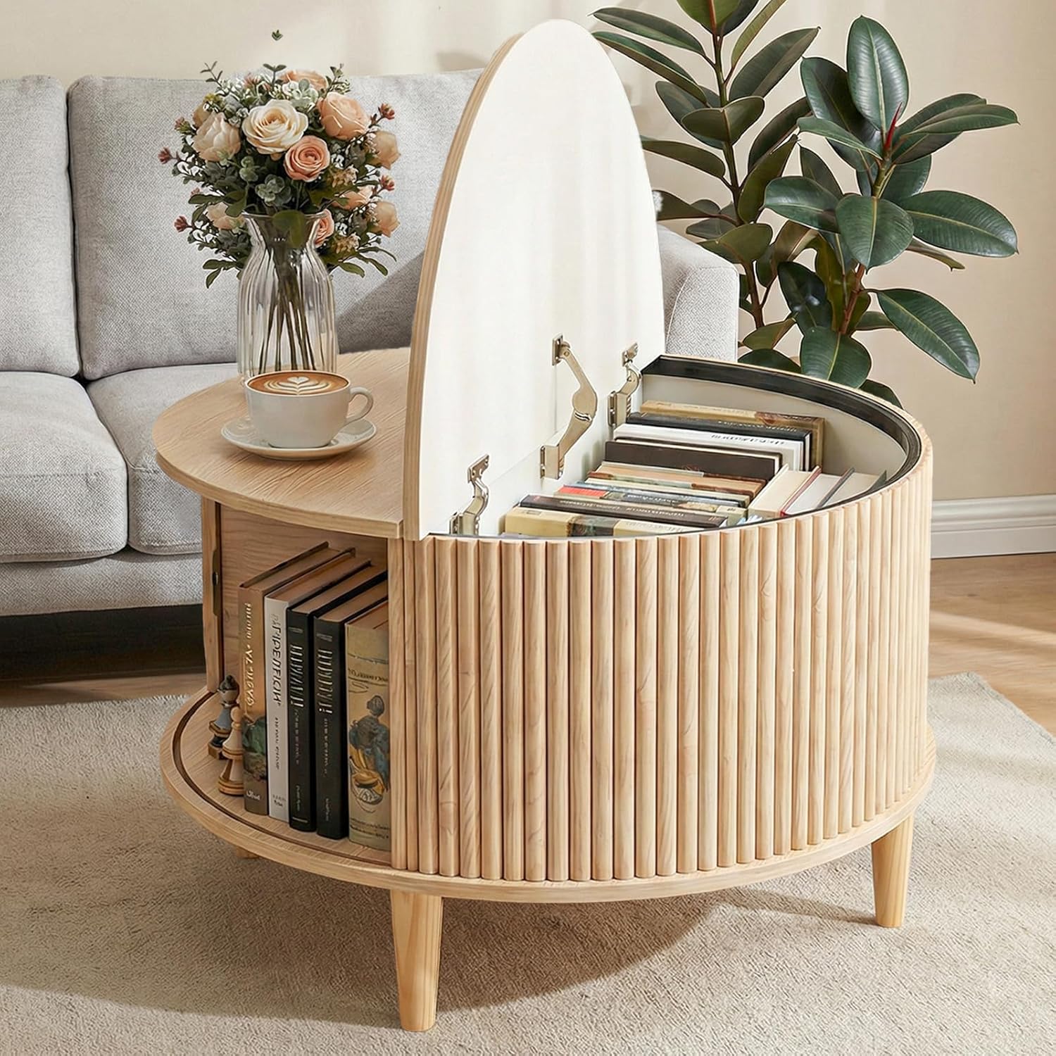 DUMOS Coffee Table, Round Coffee Tables with Storage, Fluted Center Table for Living Room, 31.69